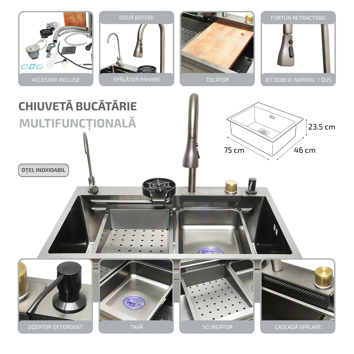 Chiuveta bucatarie multifunctionala din otel inoxidabil cu doua baterii, functie cascada, dozator sapun, spalator pahare, scurgator, tava, tocator si accesorii scurgere incluse, dimensiune 75x46x23.5cm - imagine 2