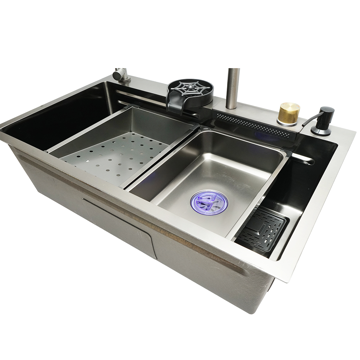 Chiuveta bucatarie multifunctionala din otel inoxidabil cu doua baterii, functie cascada, dozator sapun, spalator pahare, scurgator, tava, tocator si accesorii scurgere incluse, dimensiune 75x46x23.5cm - imagine 5