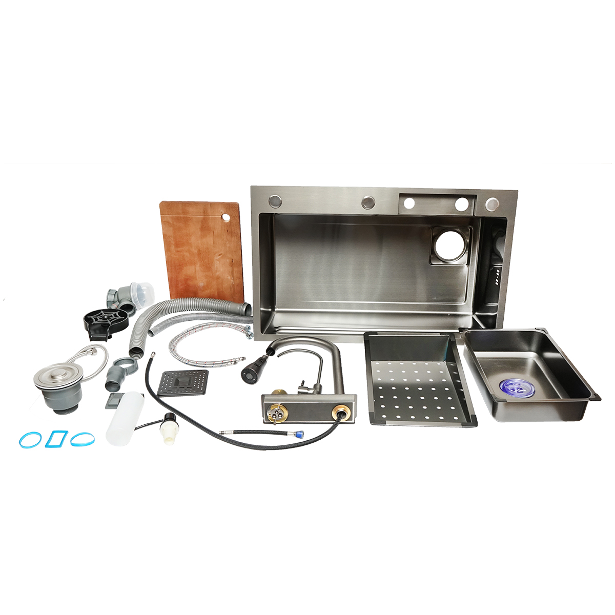 Chiuveta bucatarie multifunctionala din otel inoxidabil cu doua baterii, functie cascada, dozator sapun, spalator pahare, scurgator, tava, tocator si accesorii scurgere incluse, dimensiune 75x46x23.5cm - imagine 3