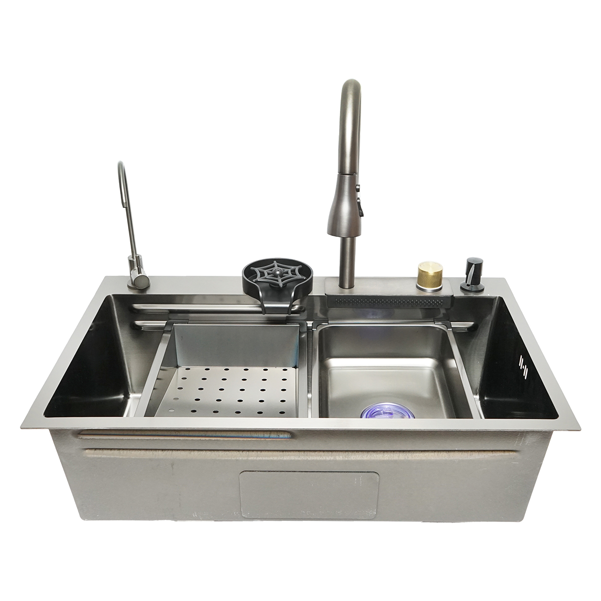 Chiuveta bucatarie multifunctionala din otel inoxidabil cu doua baterii, functie cascada, dozator sapun, spalator pahare, scurgator, tava, tocator si accesorii scurgere incluse, dimensiune 75x46x23.5cm