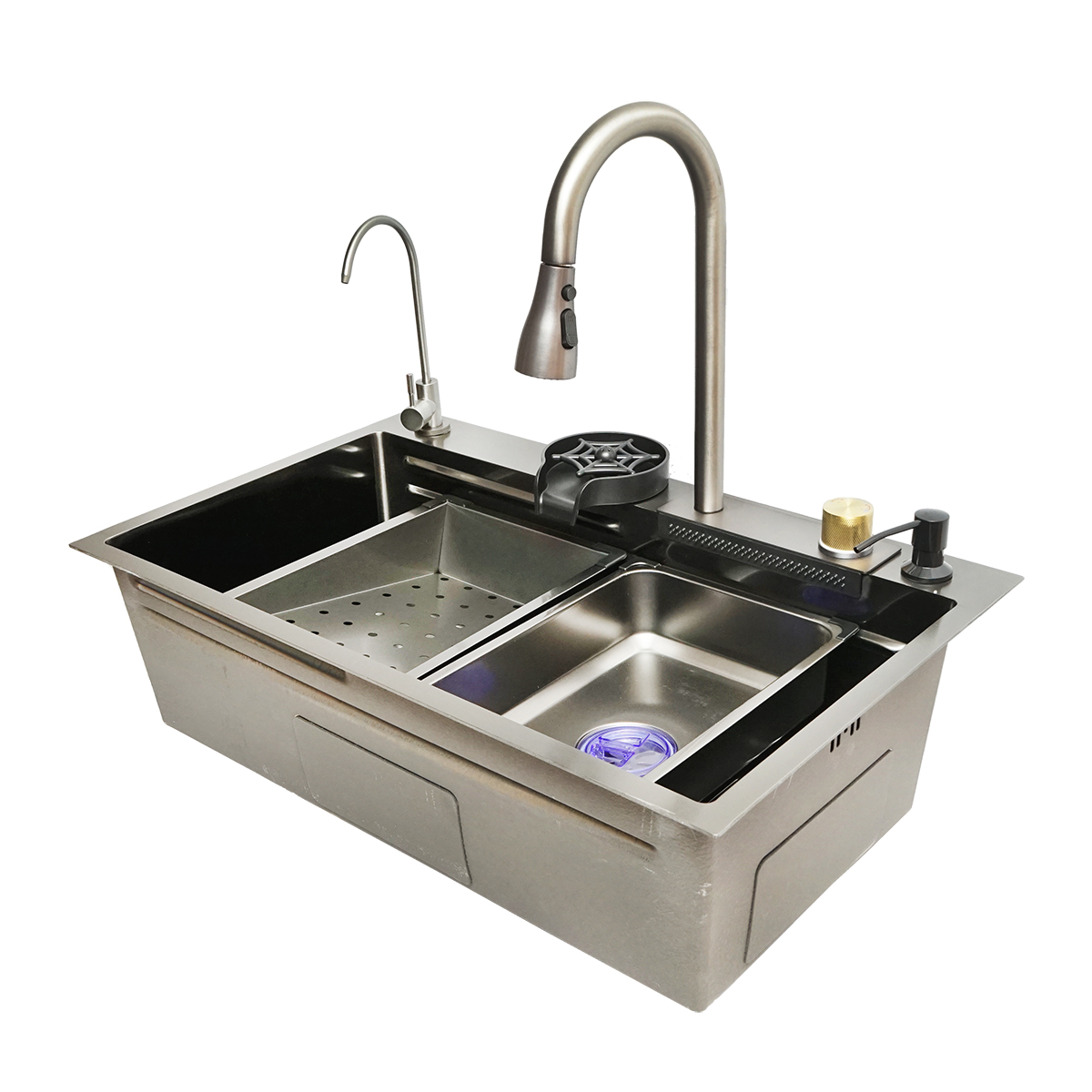 Chiuveta bucatarie multifunctionala din otel inoxidabil cu doua baterii, functie cascada, dozator sapun, spalator pahare, scurgator, tava, tocator si accesorii scurgere incluse, dimensiune 75x46x23.5cm - imagine 4