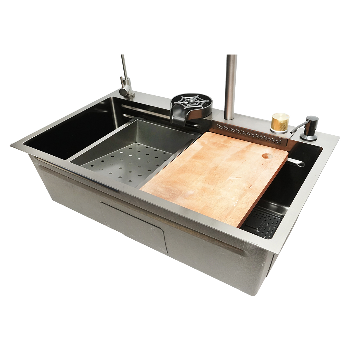 Chiuveta bucatarie multifunctionala din otel inoxidabil cu doua baterii, functie cascada, dozator sapun, spalator pahare, scurgator, tava, tocator si accesorii scurgere incluse, dimensiune 75x46x23.5cm - imagine 6
