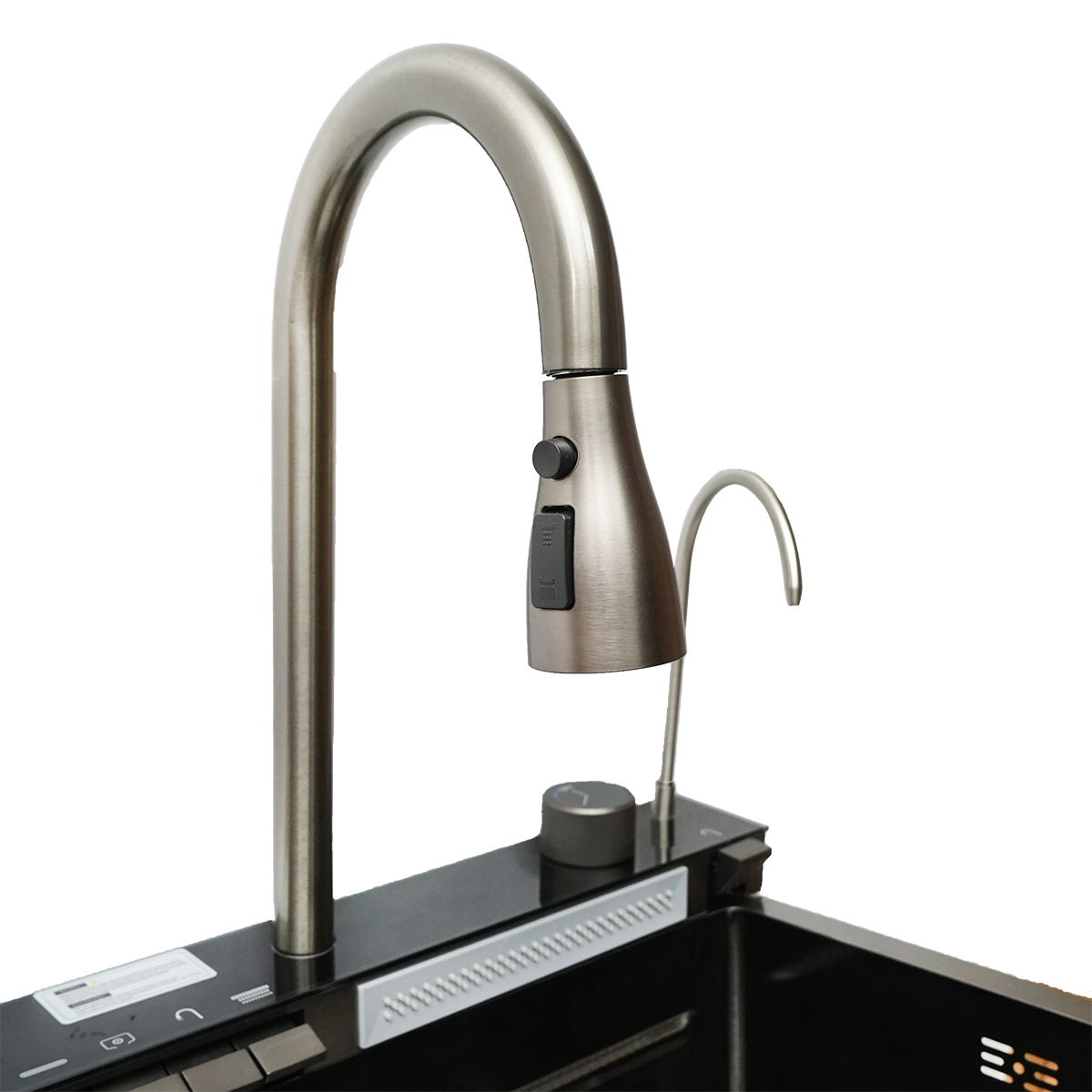 Chiuveta bucatarie multifunctionala din otel inoxidabil cu 2 cascade, afisaj digital temperatura, functie cascada, dozator sapun, spalator pahare, scurgator, tava, tocator si accesorii scurgere incluse, dimensiune 75x46x23.5cm - imagine 9