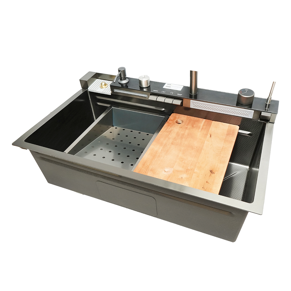 Chiuveta bucatarie multifunctionala din otel inoxidabil cu 2 cascade, afisaj digital temperatura, functie cascada, dozator sapun, spalator pahare, scurgator, tava, tocator si accesorii scurgere incluse, dimensiune 75x46x23.5cm - imagine 6