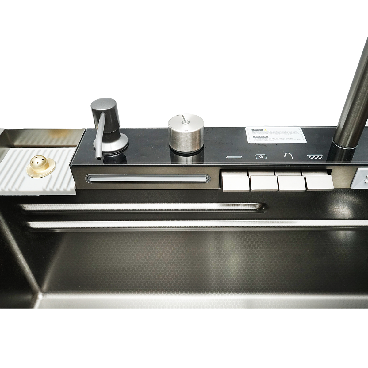 Chiuveta bucatarie multifunctionala din otel inoxidabil cu 2 cascade, afisaj digital temperatura, functie cascada, dozator sapun, spalator pahare, scurgator, tava, tocator si accesorii scurgere incluse, dimensiune 75x46x23.5cm - imagine 7