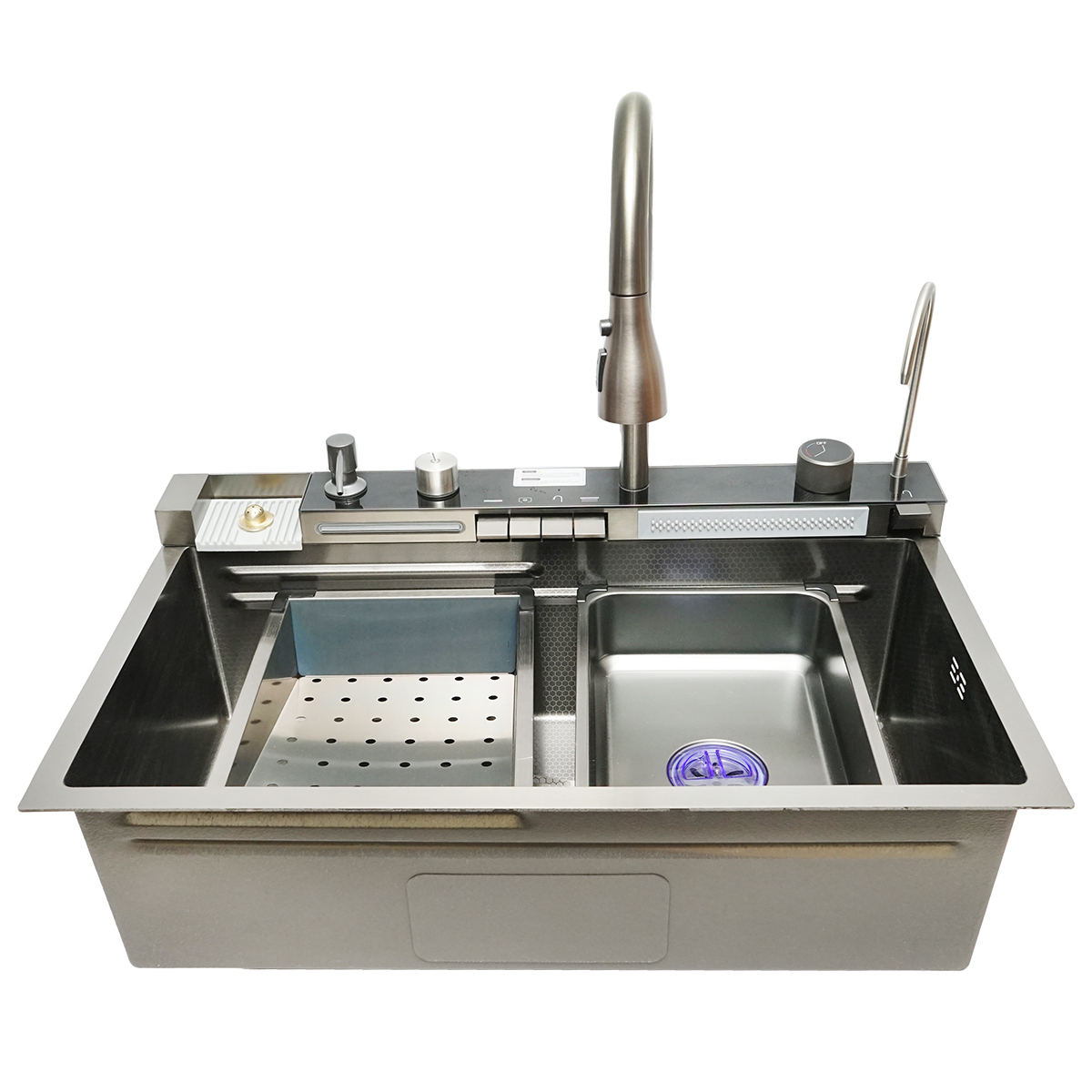 Chiuveta bucatarie multifunctionala din otel inoxidabil cu 2 cascade, afisaj digital temperatura, functie cascada, dozator sapun, spalator pahare, scurgator, tava, tocator si accesorii scurgere incluse, dimensiune 75x46x23.5cm