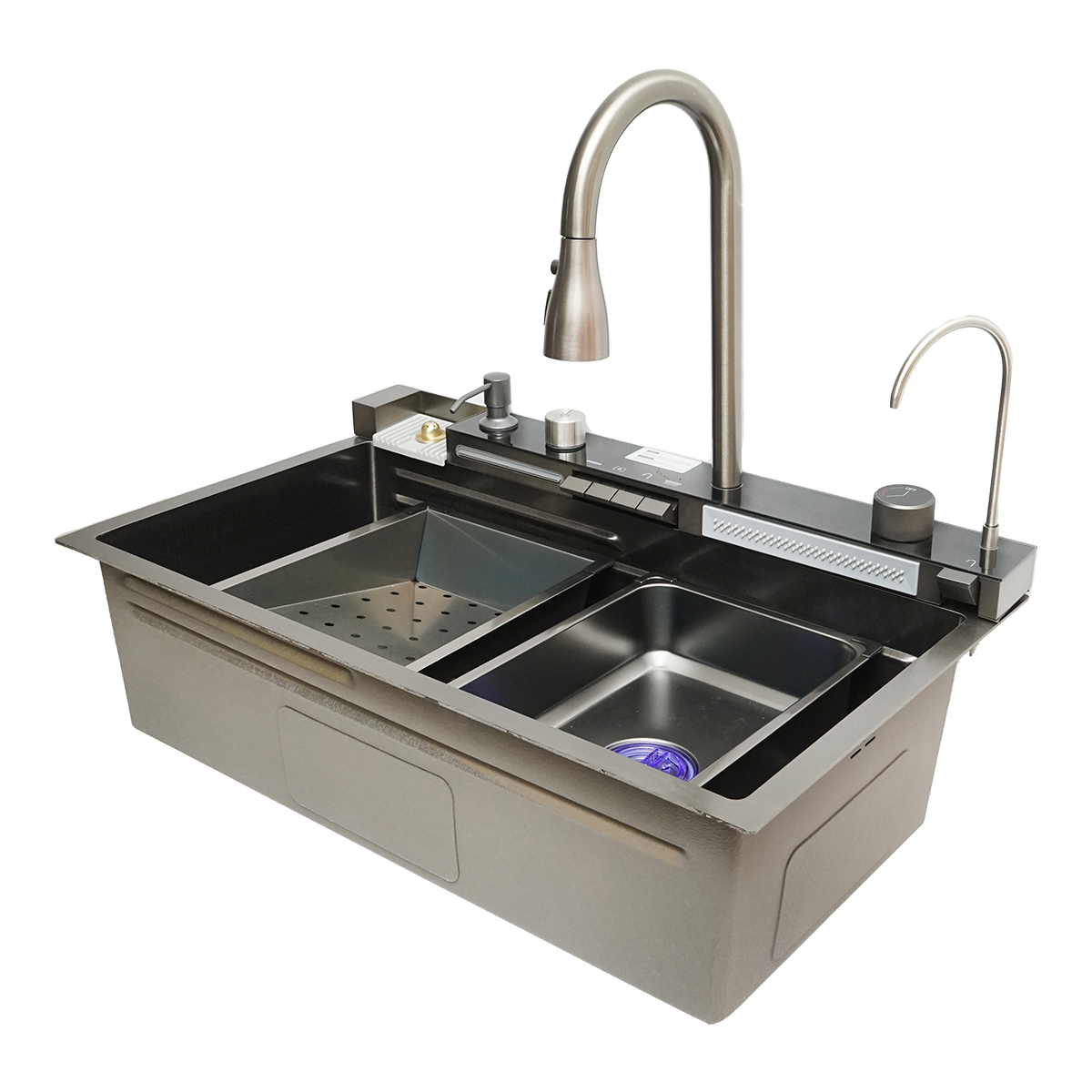 Chiuveta bucatarie multifunctionala din otel inoxidabil cu 2 cascade, afisaj digital temperatura, functie cascada, dozator sapun, spalator pahare, scurgator, tava, tocator si accesorii scurgere incluse, dimensiune 75x46x23.5cm - imagine 4