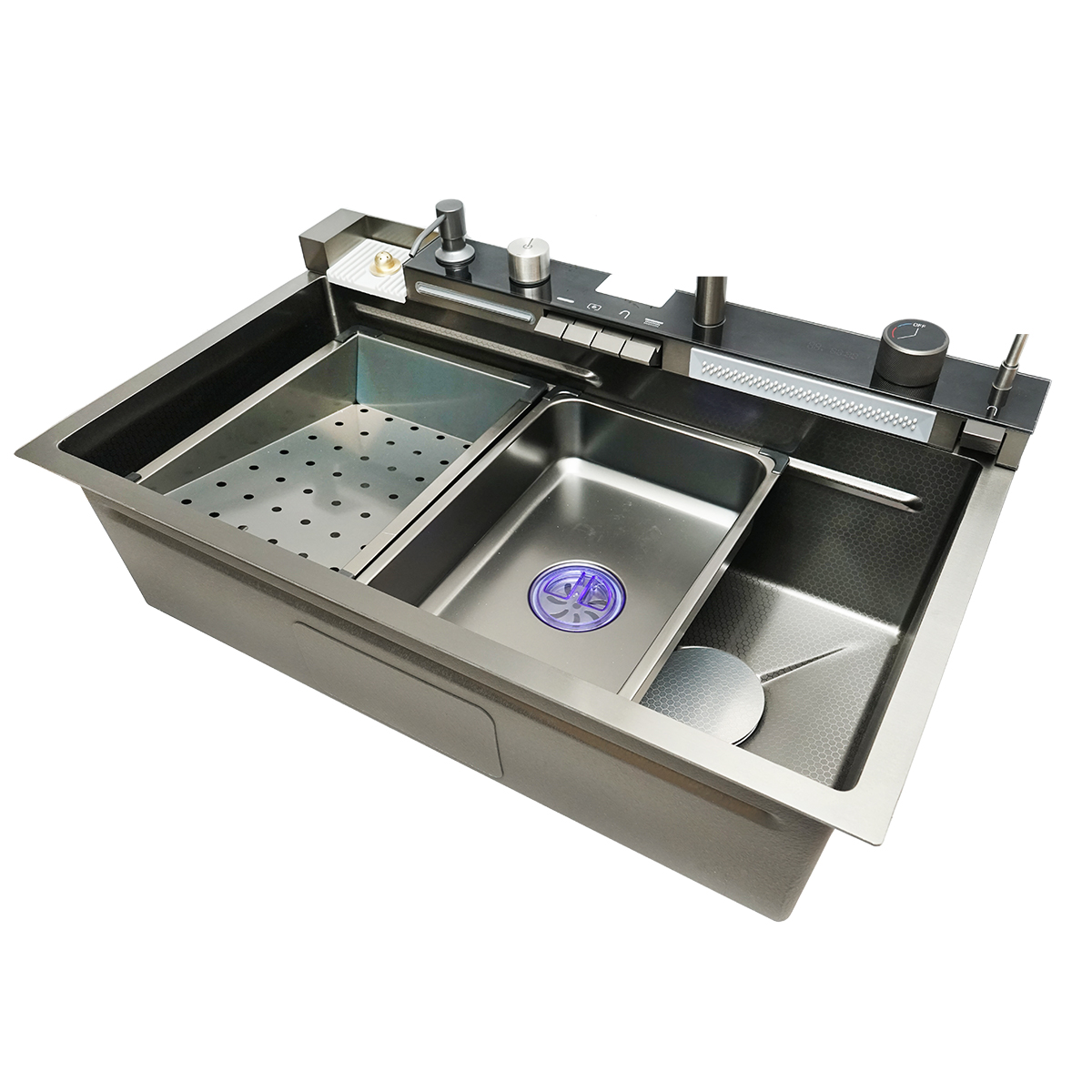 Chiuveta bucatarie multifunctionala din otel inoxidabil cu 2 cascade, afisaj digital temperatura, functie cascada, dozator sapun, spalator pahare, scurgator, tava, tocator si accesorii scurgere incluse, dimensiune 75x46x23.5cm - imagine 5