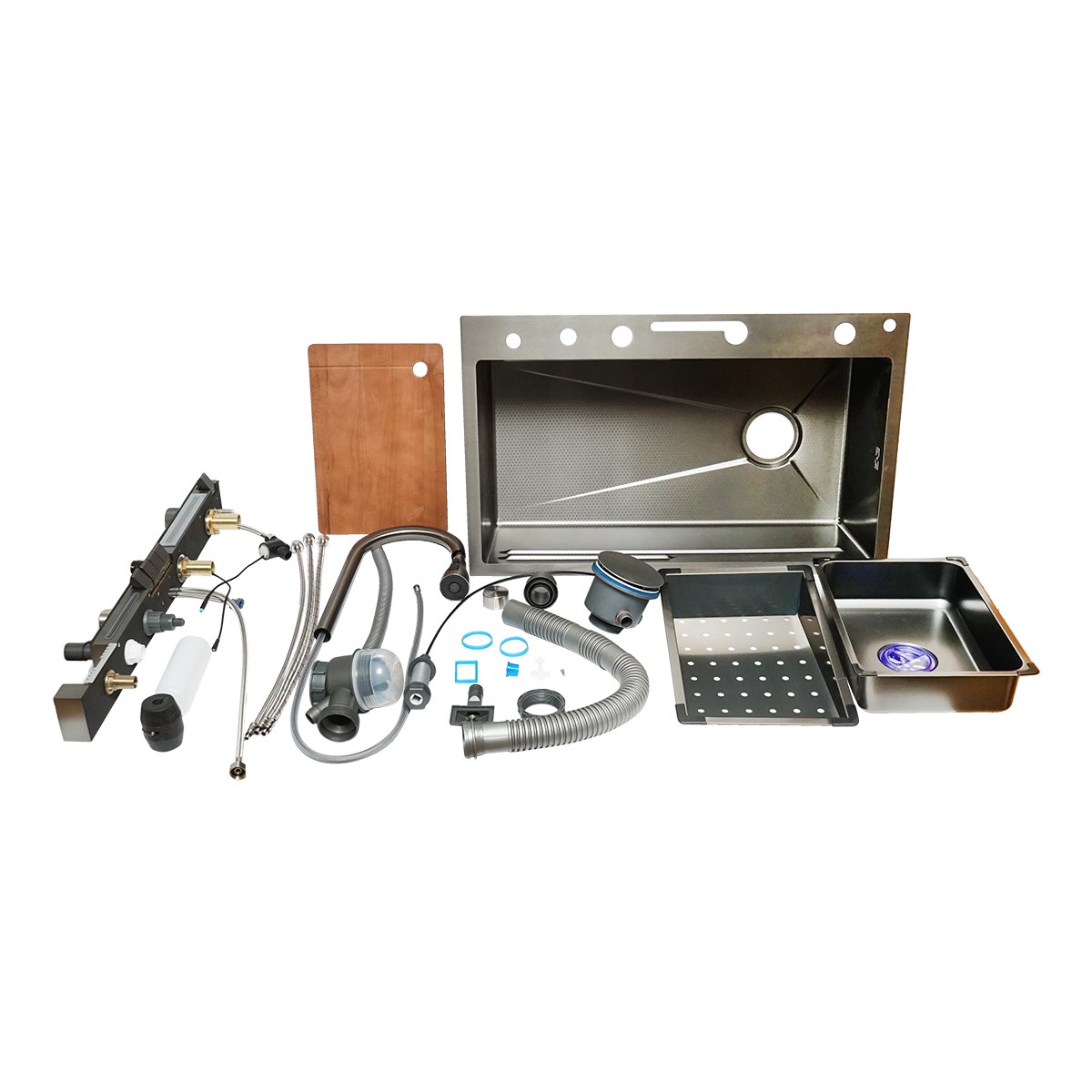 Chiuveta bucatarie multifunctionala din otel inoxidabil cu 2 cascade, afisaj digital temperatura, functie cascada, dozator sapun, spalator pahare, scurgator, tava, tocator si accesorii scurgere incluse, dimensiune 75x46x23.5cm - imagine 3