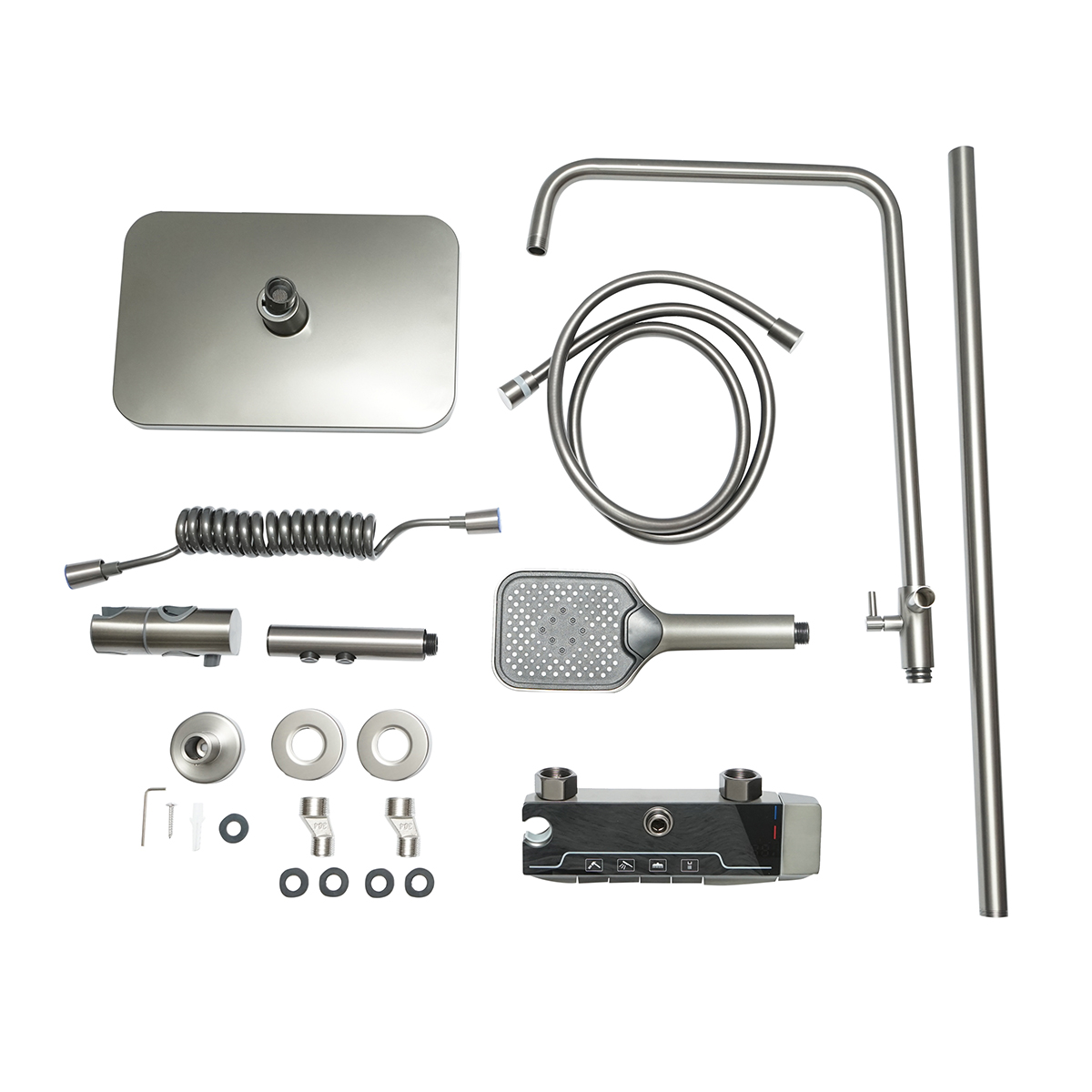 Set dus multifunctional cu termostat, afisaj digital temperatura apa, 4 functii de curgere a apei, pipa cada, dus dreptunghiular, dus de mana, dus bideu, gri - imagine 2