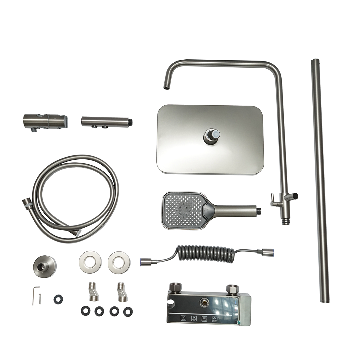 Set dus multifunctional cu termostat, afisaj digital temperatura apa, 4 functii de curgere a apei, pipa cada, dus dreptunghiular, dus de mana, dus bideu, gri - imagine 2