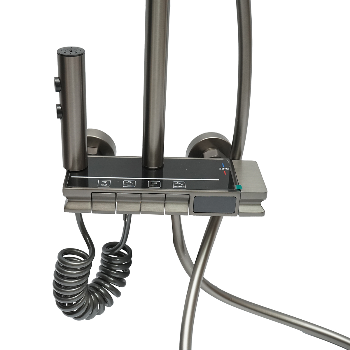 Set dus multifunctional cu termostat, afisaj digital temperatura apa, 4 functii de curgere a apei, pipa cada, dus dreptunghiular, dus de mana, dus bideu, gri - imagine 4