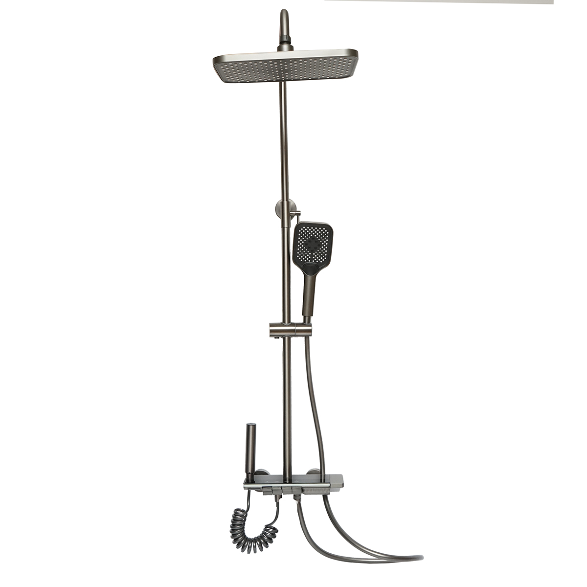 Set dus multifunctional cu termostat, afisaj digital temperatura apa, 4 functii de curgere a apei, pipa cada, dus dreptunghiular, dus de mana, dus bideu, gri - imagine 3