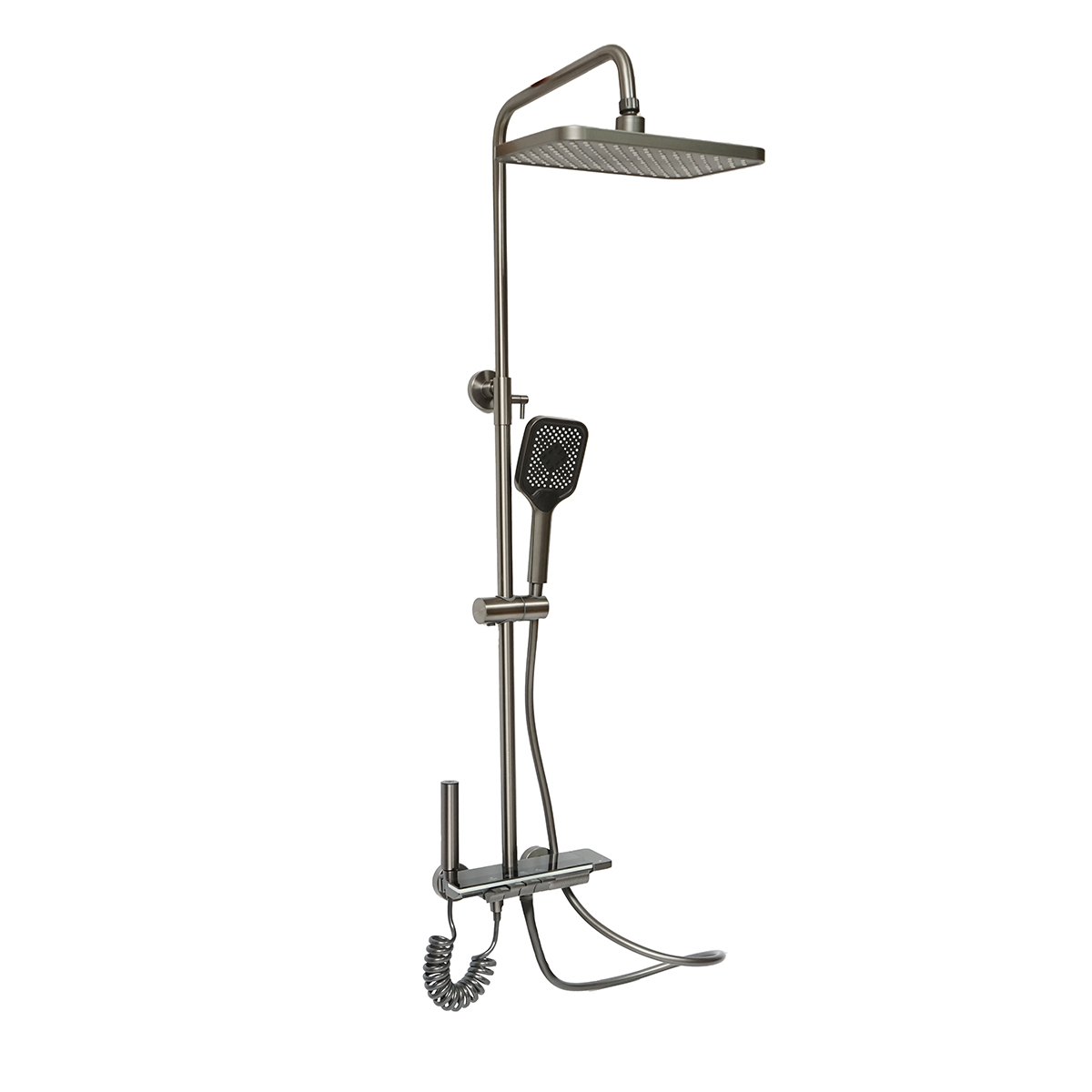 Set dus multifunctional cu termostat, afisaj digital temperatura apa, 4 functii de curgere a apei, pipa cada, dus dreptunghiular, dus de mana, dus bideu, gri