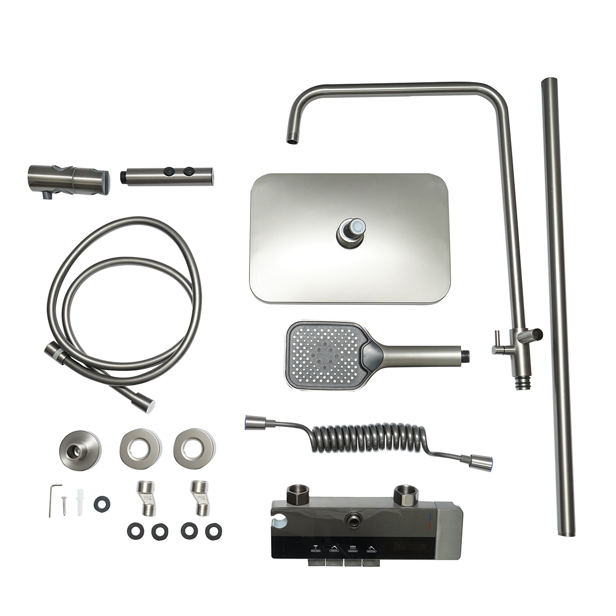 Set dus multifunctional cu termostat, afisaj digital temperatura apa, 4 functii de curgere a apei, pipa cada, dus dreptunghiular, dus de mana, dus bideu, gri - imagine 2