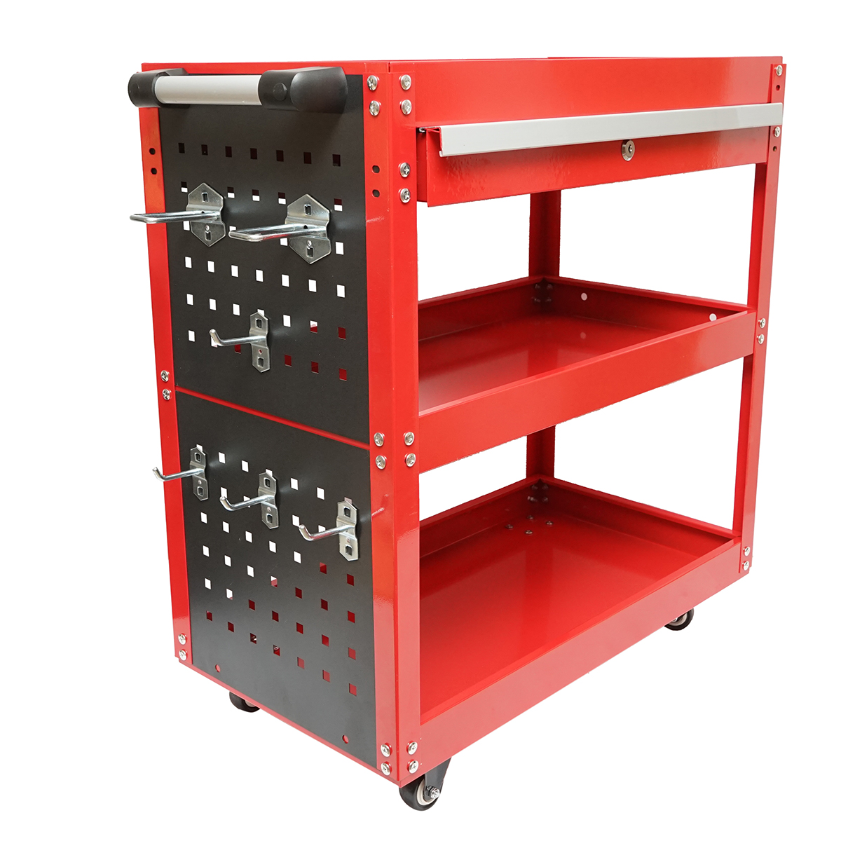 Carucior scule metalic pe roti cu 3 rafturi, sertar si suporti unelte 660x360x730mm