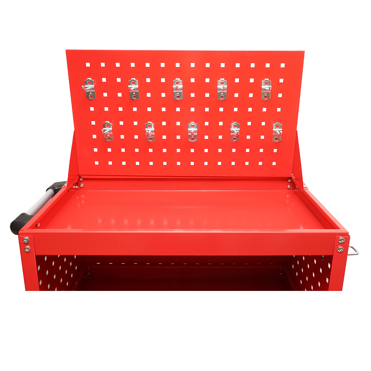 Carucior scule metalic pe roti cu 3 rafturi si panou perforat cu suporti unelte 660x360x1080mm - imagine 7