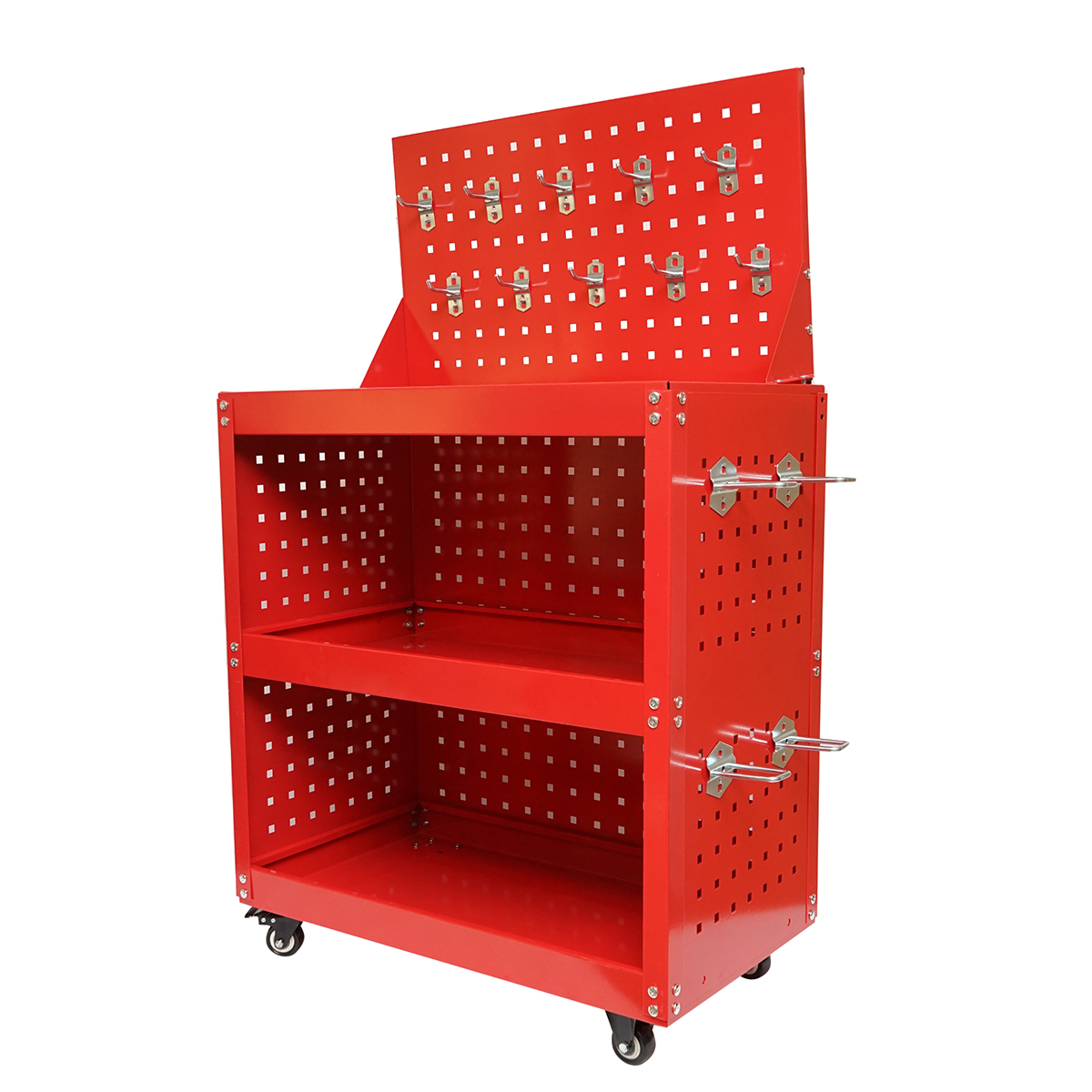 Carucior scule metalic pe roti cu 3 rafturi si panou perforat cu suporti unelte 660x360x1080mm - imagine 4