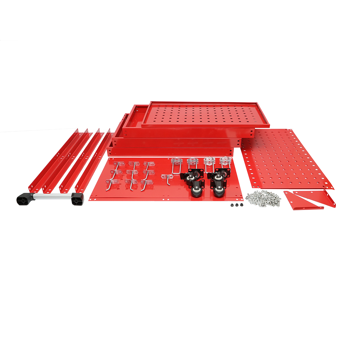 Carucior scule metalic pe roti cu 3 rafturi si panou perforat cu suporti unelte 660x360x1080mm - imagine 3