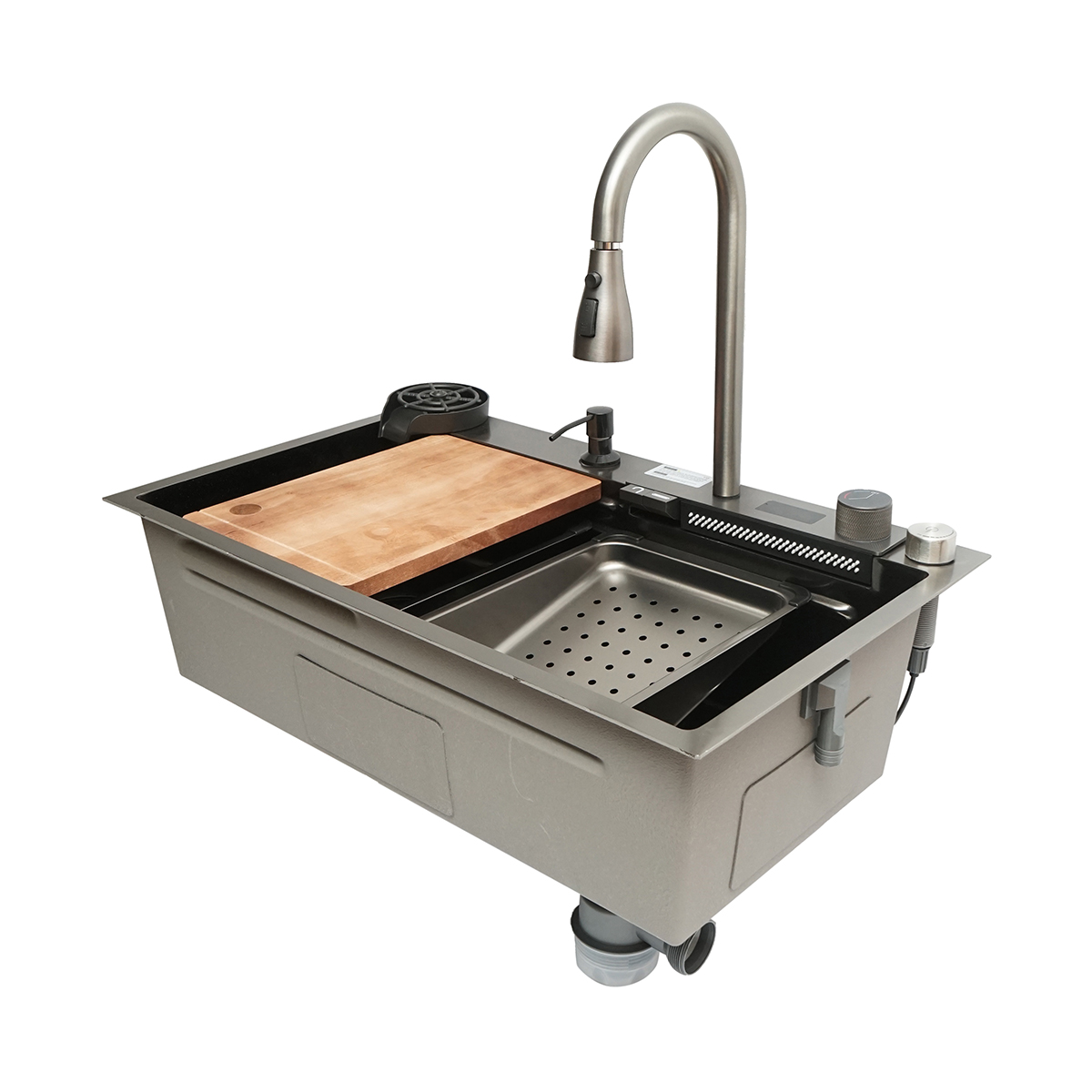 Chiuveta bucatarie multifunctionala din otel inoxidabil cu afisaj digital temperatura, functie cascada, spalator pahare, dozator sapun, scurgator, tava, tocator si accesorii incluse, dimensiune 75x46x23.5cm - imagine 5