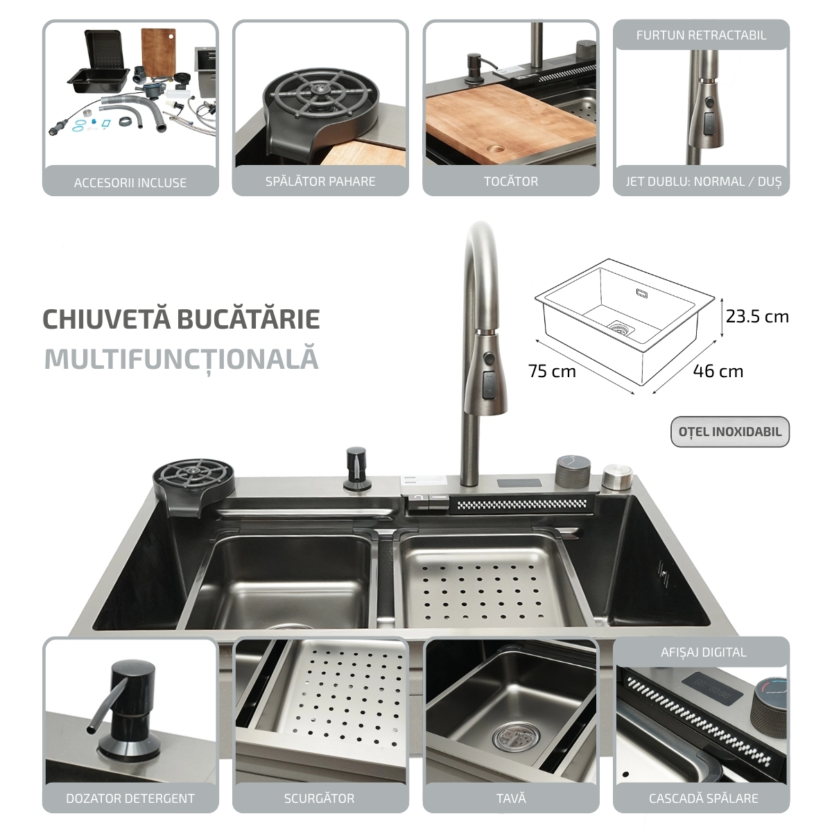 Chiuveta bucatarie multifunctionala din otel inoxidabil cu afisaj digital temperatura, functie cascada, spalator pahare, dozator sapun, scurgator, tava, tocator si accesorii incluse, dimensiune 75x46x23.5cm - imagine 2