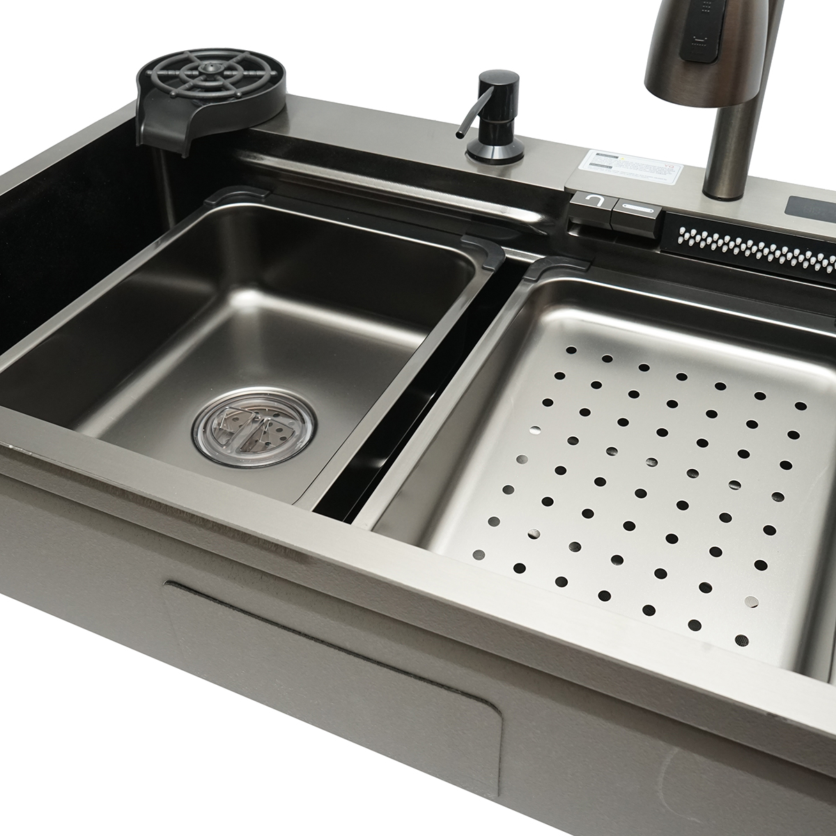 Chiuveta bucatarie multifunctionala din otel inoxidabil cu afisaj digital temperatura, functie cascada, spalator pahare, dozator sapun, scurgator, tava, tocator si accesorii incluse, dimensiune 75x46x23.5cm - imagine 8