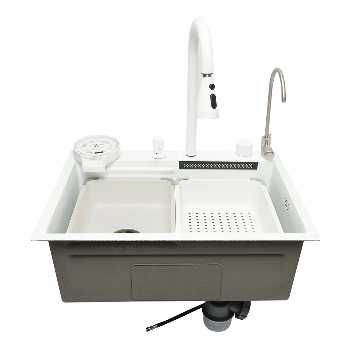Chiuveta bucatarie multifunctionala din otel inoxidabil cu doua baterii, functie cascada, spalator pahare, dozator sapun, scurgator, tava, tocator si accesorii scurgere incluse, dimensiune 60x45x22cm