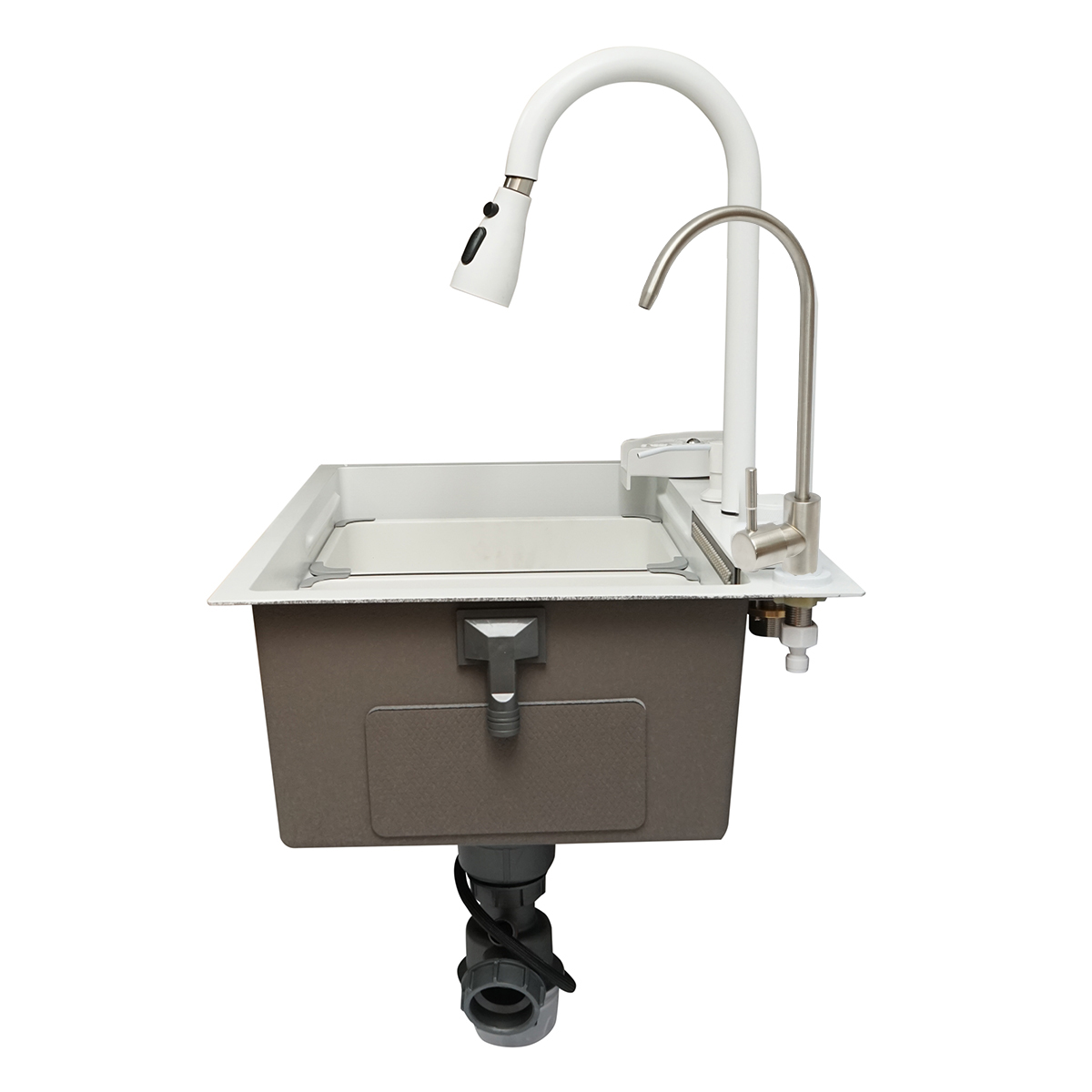 Chiuveta bucatarie multifunctionala din otel inoxidabil cu doua baterii, functie cascada, spalator pahare, dozator sapun, scurgator, tava, tocator si accesorii scurgere incluse, dimensiune 60x45x22cm - imagine 5