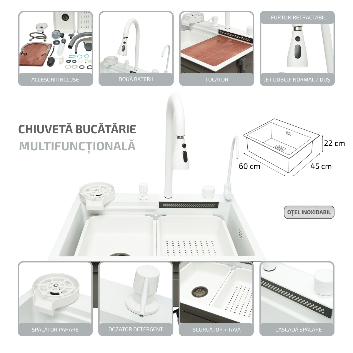 Chiuveta bucatarie multifunctionala din otel inoxidabil cu doua baterii, functie cascada, spalator pahare, dozator sapun, scurgator, tava, tocator si accesorii scurgere incluse, dimensiune 60x45x22cm - imagine 2