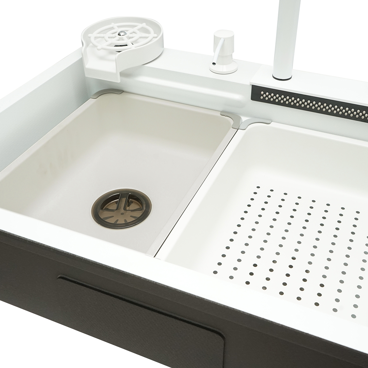 Chiuveta bucatarie multifunctionala din otel inoxidabil cu doua baterii, functie cascada, spalator pahare, dozator sapun, scurgator, tava, tocator si accesorii scurgere incluse, dimensiune 60x45x22cm - imagine 7