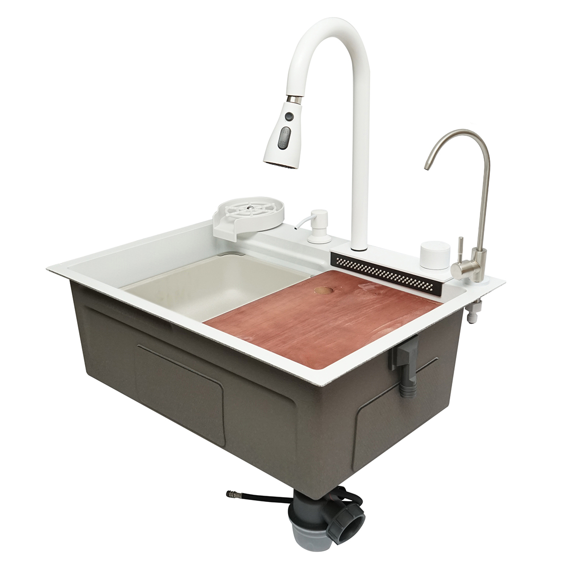 Chiuveta bucatarie multifunctionala din otel inoxidabil cu doua baterii, functie cascada, spalator pahare, dozator sapun, scurgator, tava, tocator si accesorii scurgere incluse, dimensiune 60x45x22cm - imagine 4