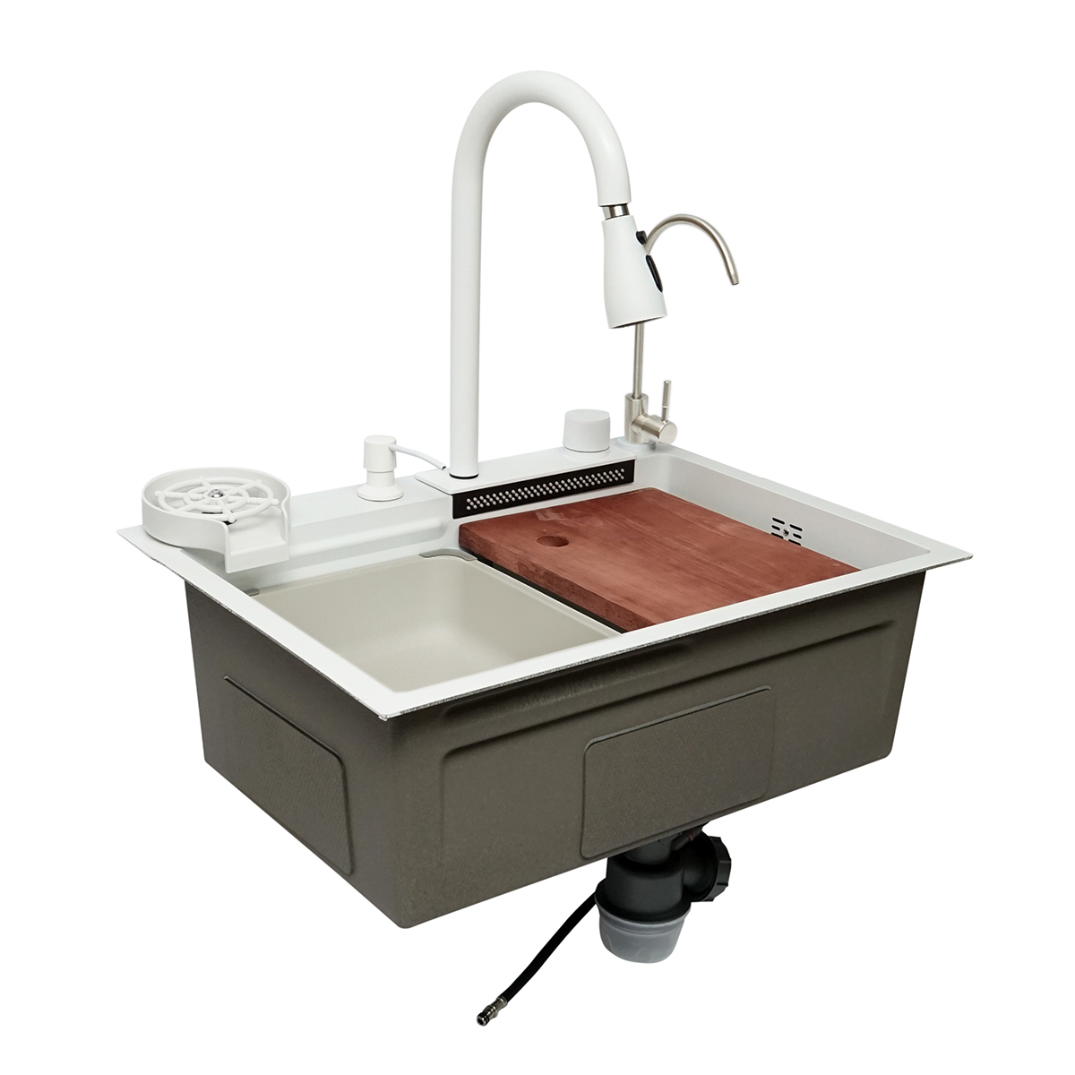 Chiuveta bucatarie multifunctionala din otel inoxidabil cu doua baterii, functie cascada, spalator pahare, dozator sapun, scurgator, tava, tocator si accesorii scurgere incluse, dimensiune 60x45x22cm - imagine 6