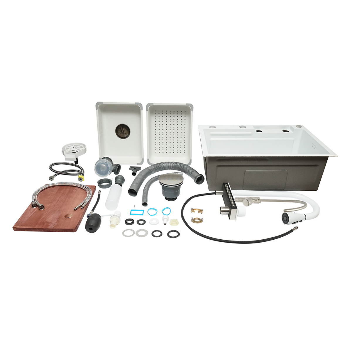 Chiuveta bucatarie multifunctionala din otel inoxidabil cu doua baterii, functie cascada, spalator pahare, dozator sapun, scurgator, tava, tocator si accesorii scurgere incluse, dimensiune 60x45x22cm - imagine 3