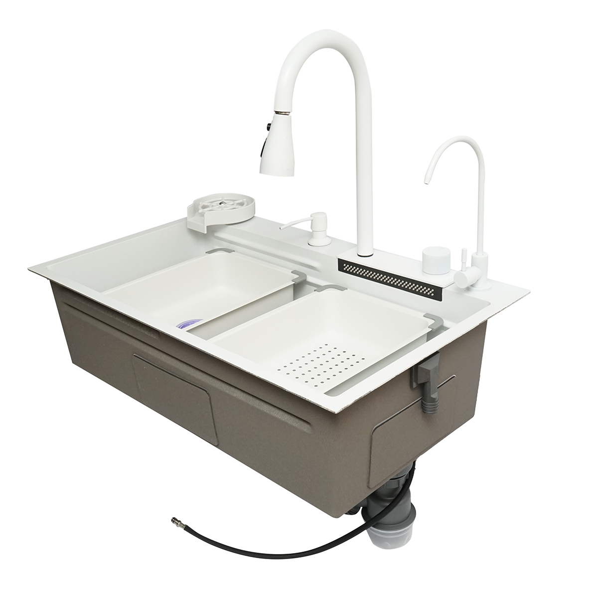 Chiuveta bucatarie multifunctionala din otel inoxidabil cu doua baterii, functie cascada, spalator pahare, dozator sapun, scurgator, tava, tocator si accesorii scurgere incluse, dimensiune 75x46x23.5cm - imagine 5