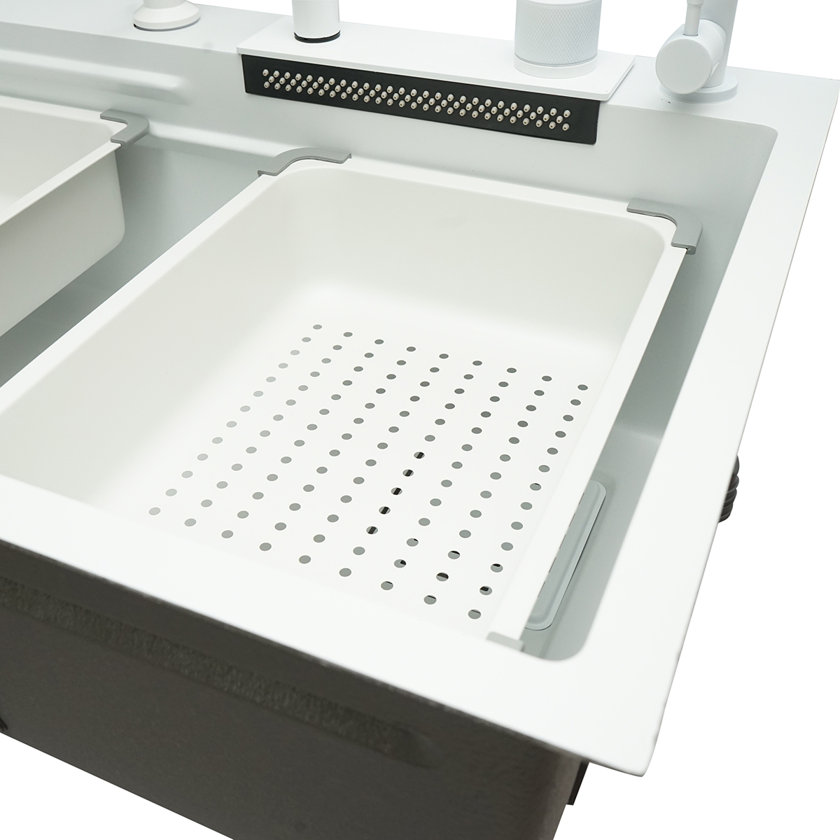 Chiuveta bucatarie multifunctionala din otel inoxidabil cu doua baterii, functie cascada, spalator pahare, dozator sapun, scurgator, tava, tocator si accesorii scurgere incluse, dimensiune 75x46x23.5cm - imagine 10