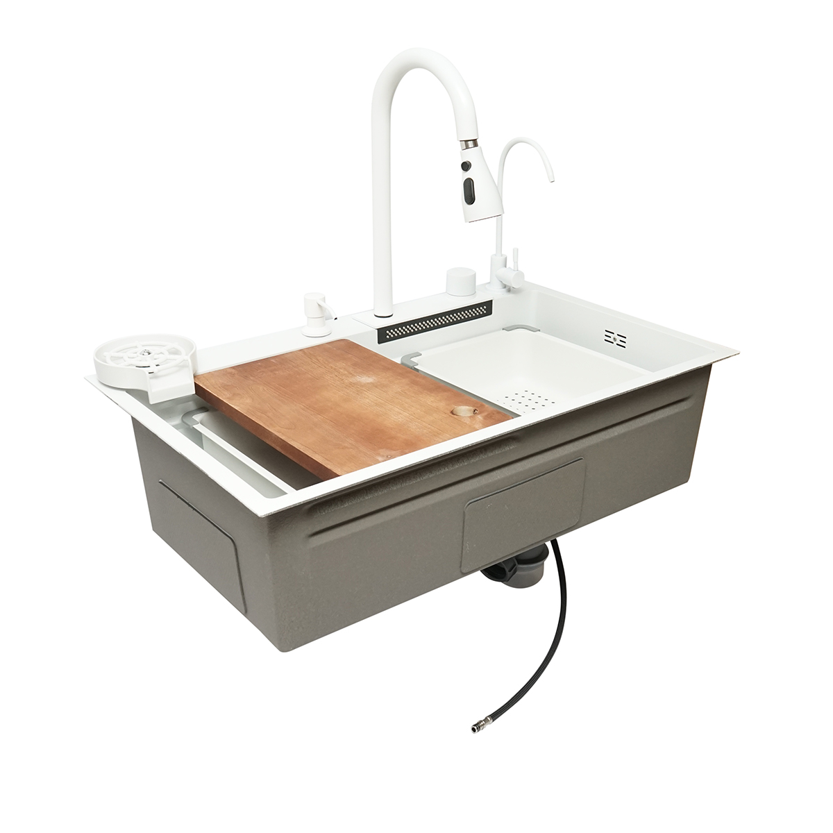 Chiuveta bucatarie multifunctionala din otel inoxidabil cu doua baterii, functie cascada, spalator pahare, dozator sapun, scurgator, tava, tocator si accesorii scurgere incluse, dimensiune 75x46x23.5cm - imagine 4