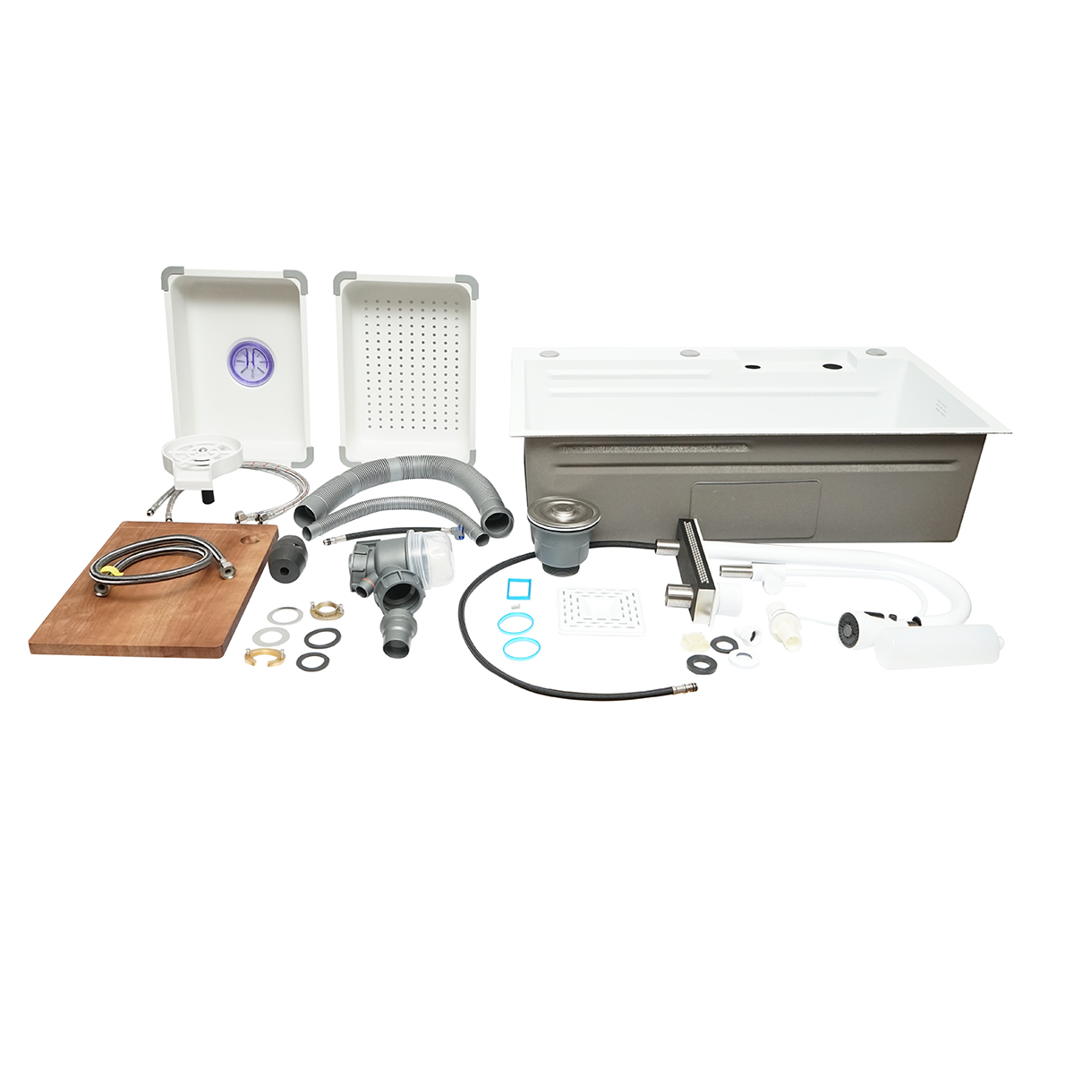 Chiuveta bucatarie multifunctionala din otel inoxidabil cu doua baterii, functie cascada, spalator pahare, dozator sapun, scurgator, tava, tocator si accesorii scurgere incluse, dimensiune 75x46x23.5cm - imagine 3