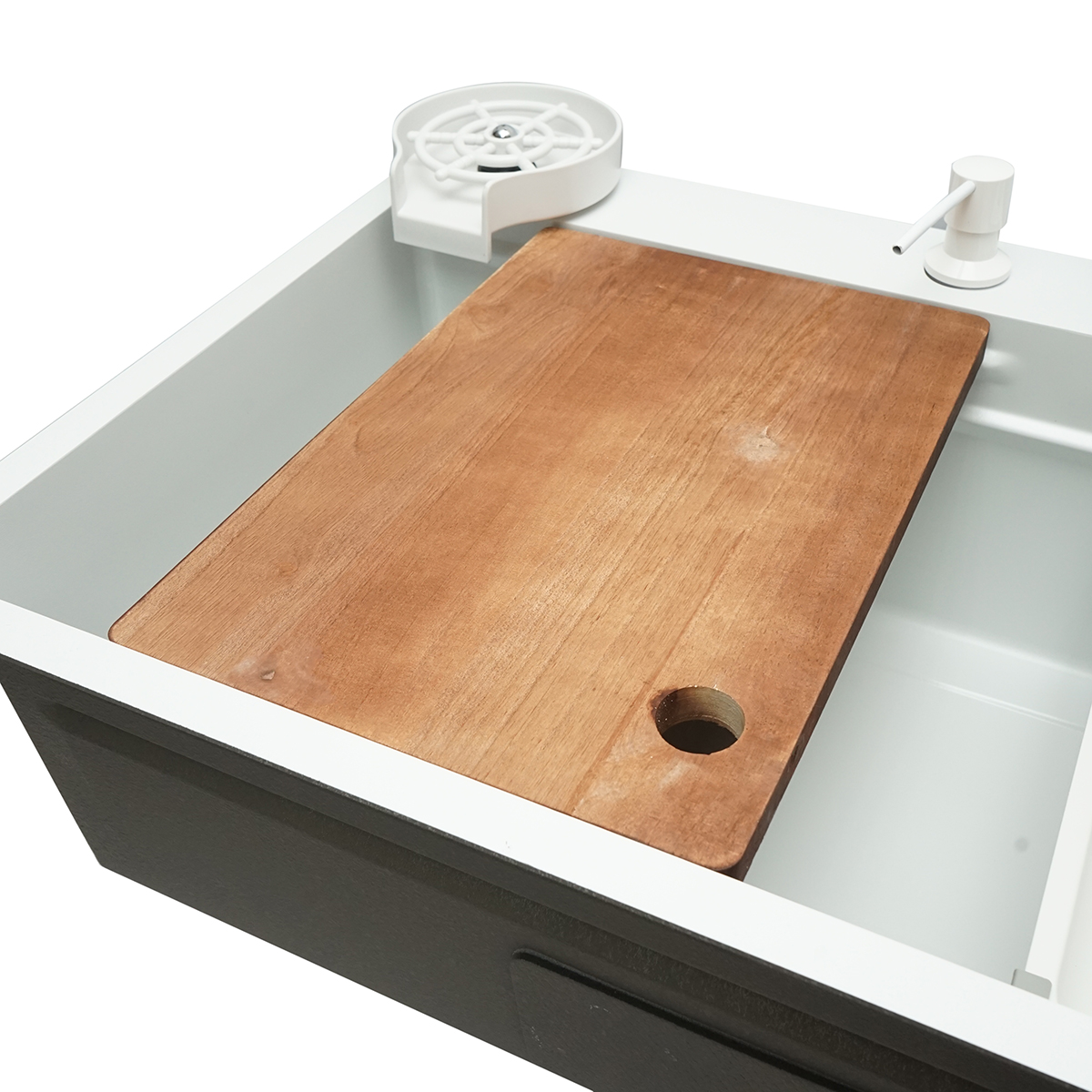 Chiuveta bucatarie multifunctionala din otel inoxidabil cu doua baterii, functie cascada, spalator pahare, dozator sapun, scurgator, tava, tocator si accesorii scurgere incluse, dimensiune 75x46x23.5cm - imagine 8