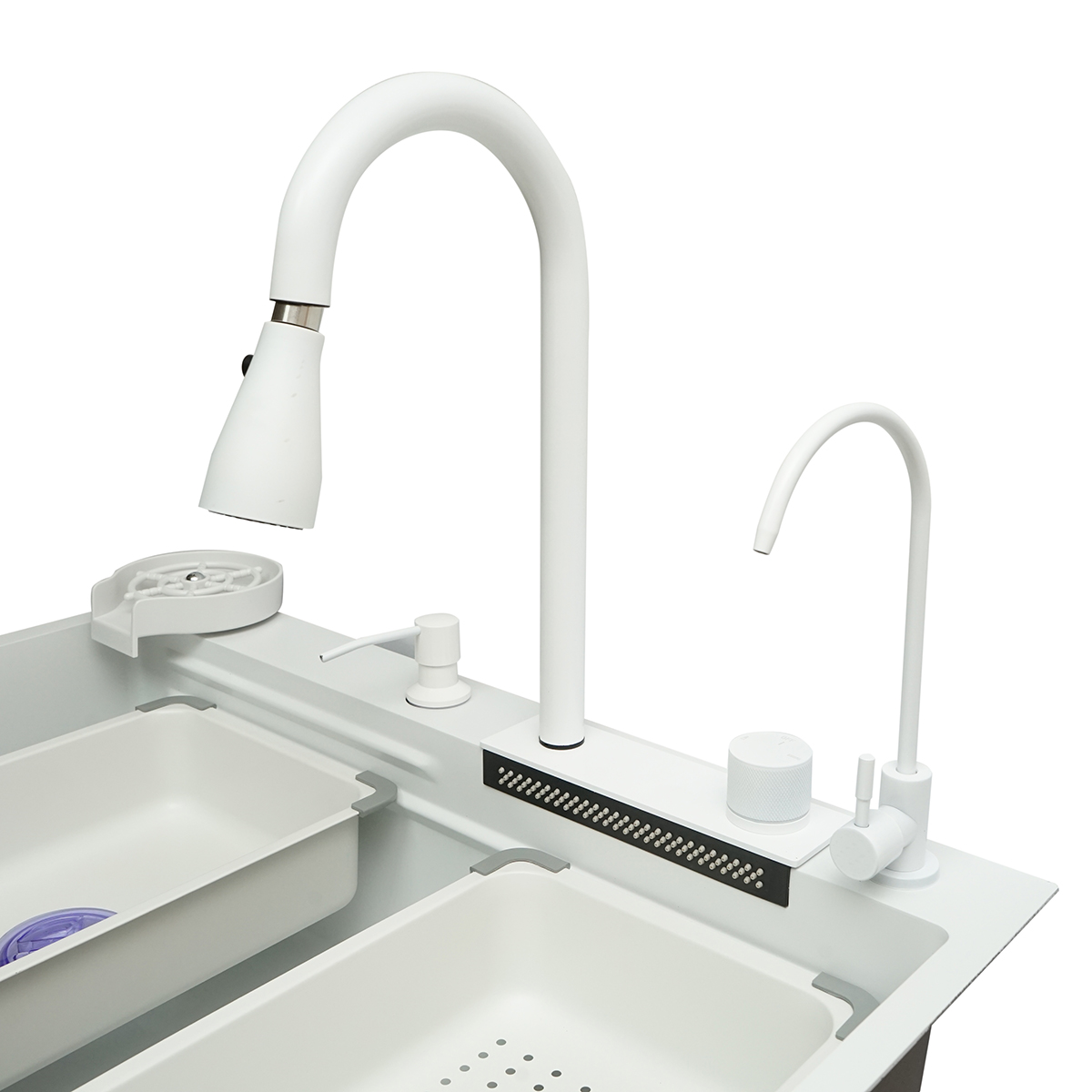 Chiuveta bucatarie multifunctionala din otel inoxidabil cu doua baterii, functie cascada, spalator pahare, dozator sapun, scurgator, tava, tocator si accesorii scurgere incluse, dimensiune 75x46x23.5cm - imagine 7