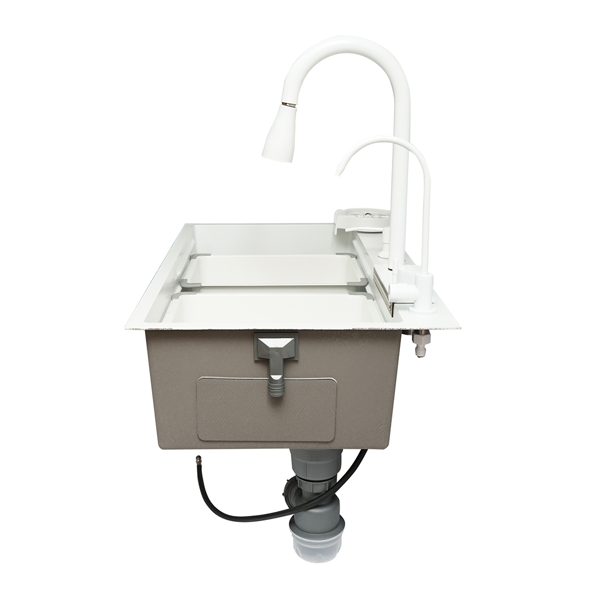 Chiuveta bucatarie multifunctionala din otel inoxidabil cu doua baterii, functie cascada, spalator pahare, dozator sapun, scurgator, tava, tocator si accesorii scurgere incluse, dimensiune 75x46x23.5cm - imagine 6