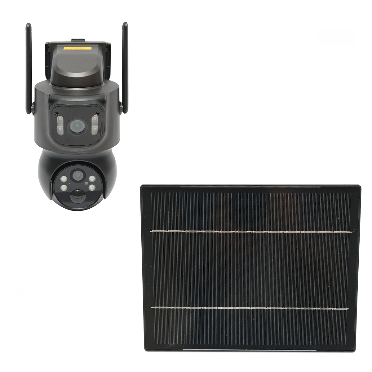 Camera supraveghere lentila duala 4 MP cu panou solar 7.6W, baterie 18650 incarcare rapida, WIFI 2.4 GHz, rotativa 360 grade PTZ cu senzor de miscare, detectie umana PIR, alarma, night vision si aplicatie iCSee