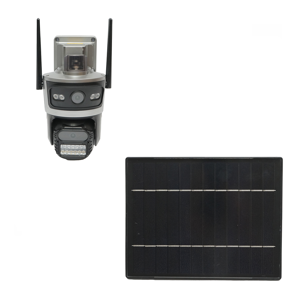 Camera supraveghere lentila duala 4 MP, cartela sim 4G, WIFI 2.4 GHz cu panou solar 7.6W, baterie 18650 incarcare rapida, rotativa 360 grade PTZ cu senzor de miscare, detectie umana PIR, alarma, night vision si aplicatie iCSee