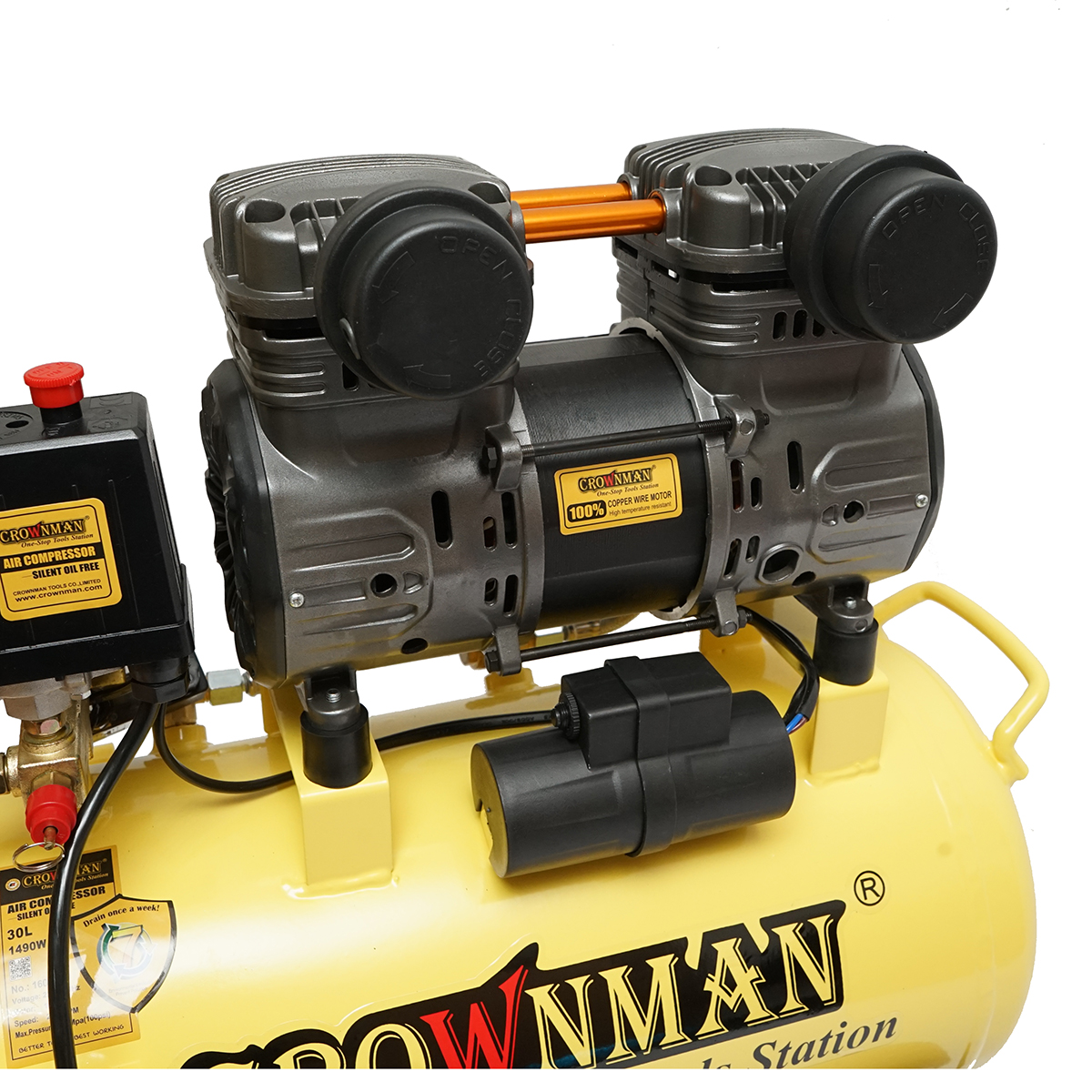 Compresor aer 30L fara ulei silentios, putere motor 1.5KW/2CP presiune maxima 8 bar, volum aer aspirat 130 L/min Crownman - imagine 7