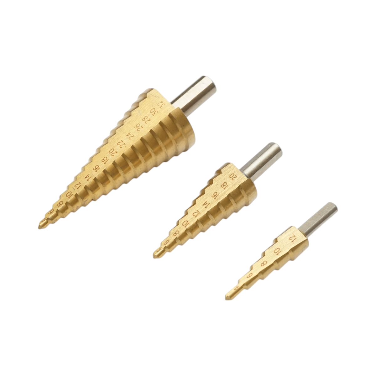 Set 3 burghie conice in 5 trepte 4-12mm, 9 trepte 4-20mm, 15 trepte 4-35mm din otel 4241 HSS pentru metal, aluminiu, lemn - imagine 2
