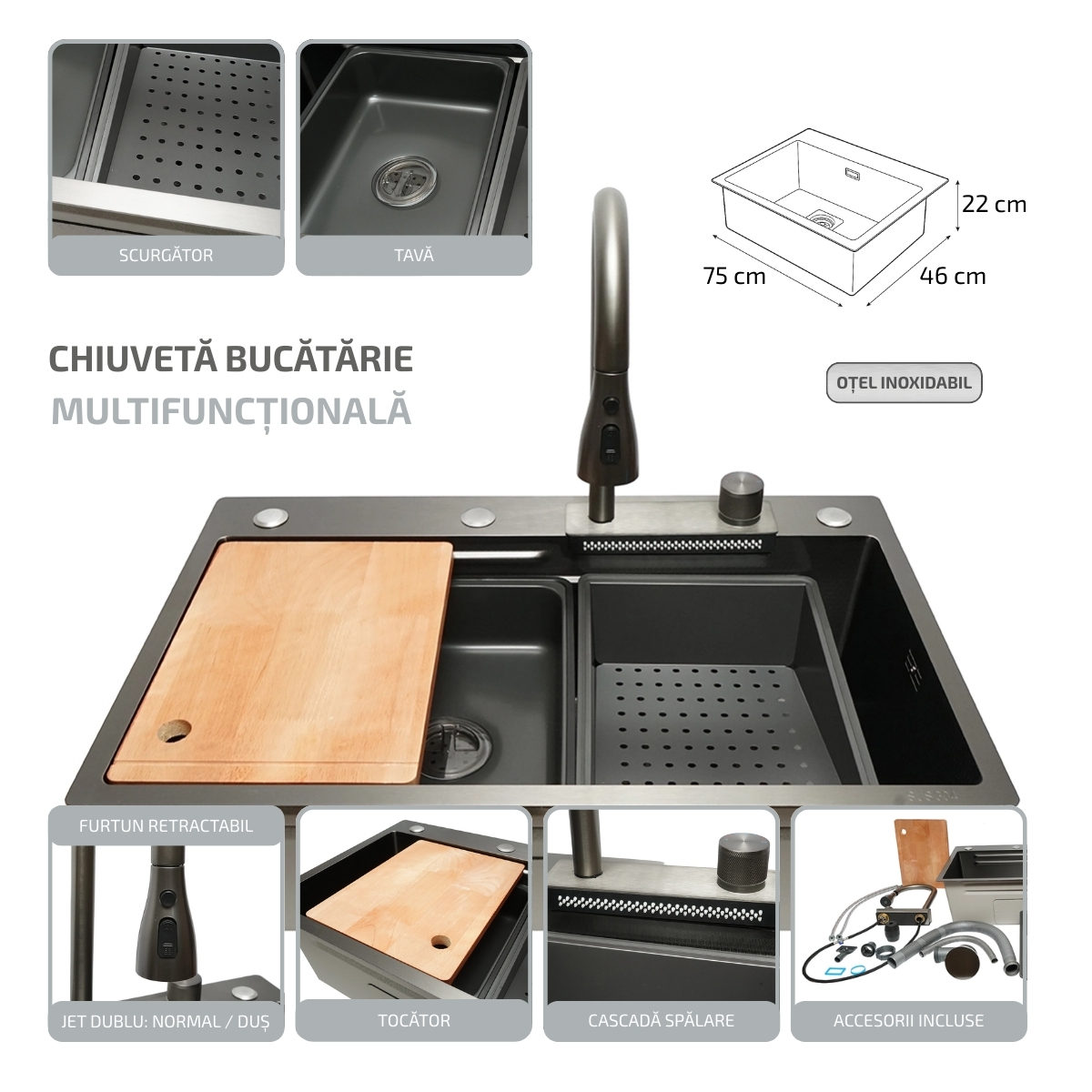 Chiuveta bucatarie multifunctionala din otel inoxidabil cu functie cascada, scurgator, tava, tocator si accesorii incluse, dimensiune 75x46x22cm - imagine 2