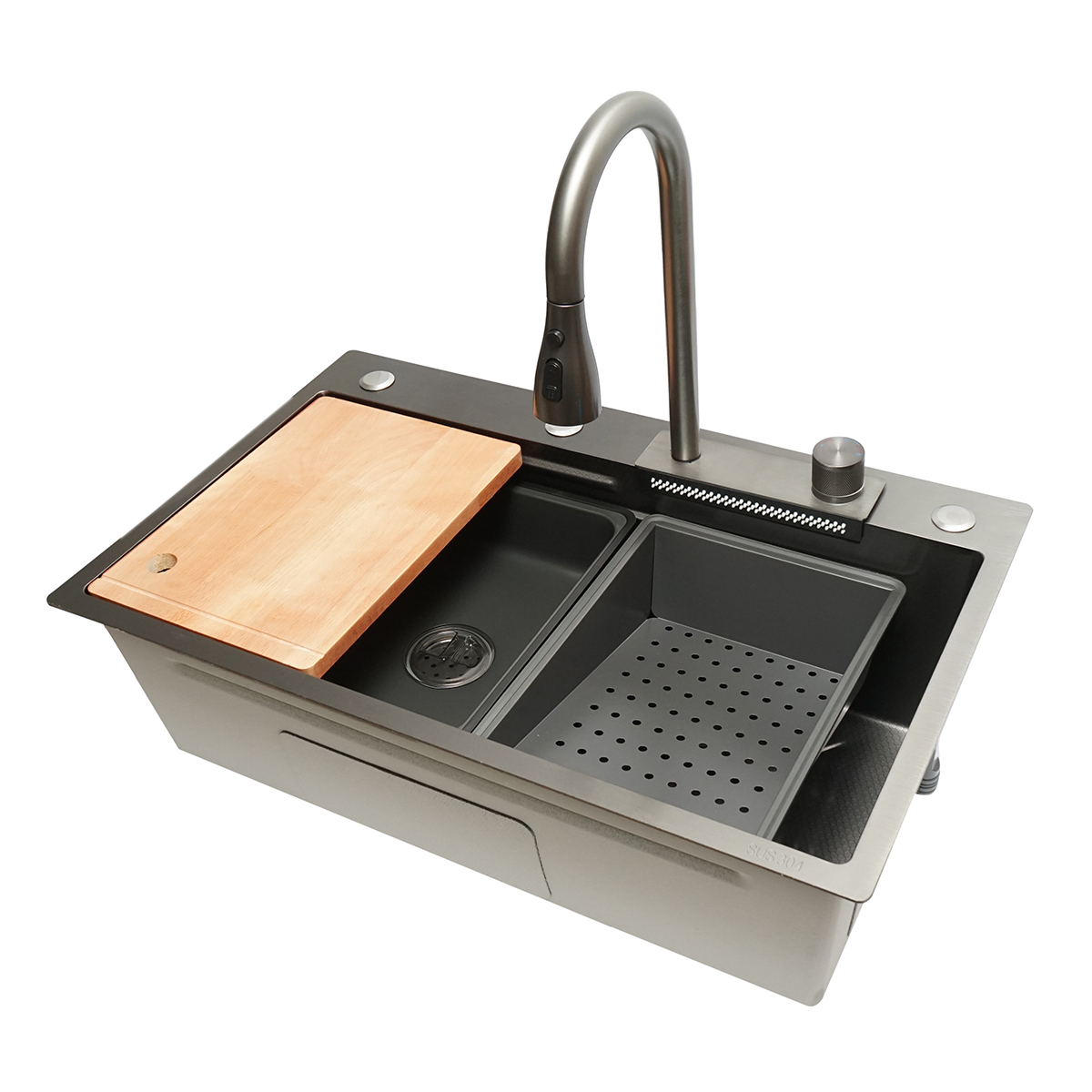 Chiuveta bucatarie multifunctionala din otel inoxidabil cu functie cascada, scurgator, tava, tocator si accesorii incluse, dimensiune 75x46x22cm - imagine 4
