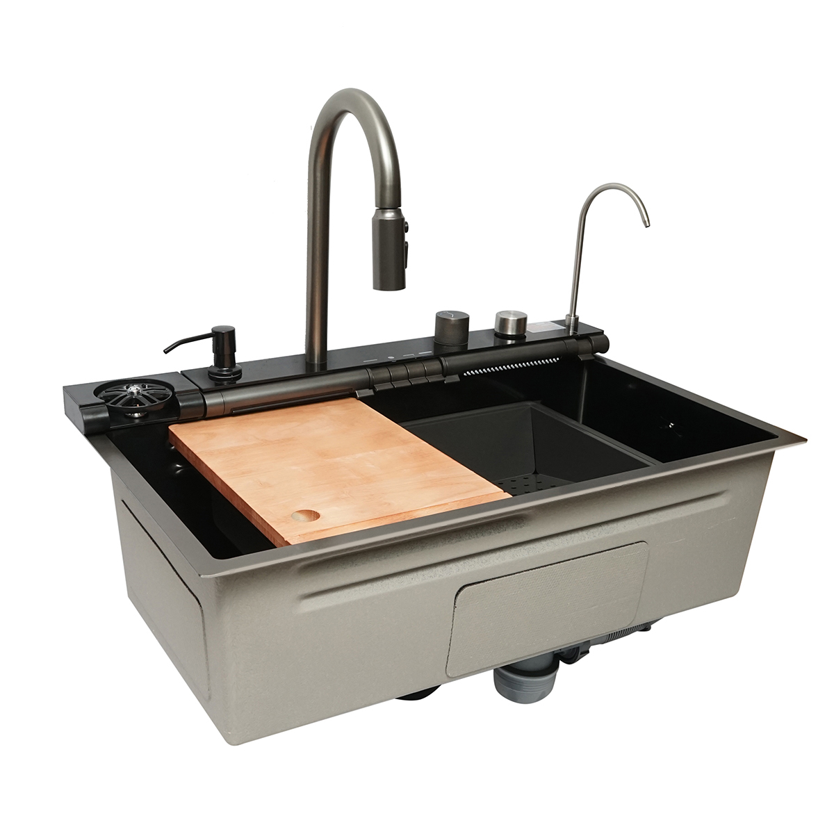 Chiuveta bucatarie multifunctionala din otel inoxidabil cu doua baterii, afisaj digital temperatura, doua cascade, spalator pahare, scurgator, tava, tocator si accesorii incluse, dimensiune 75x46x22cm - imagine 5