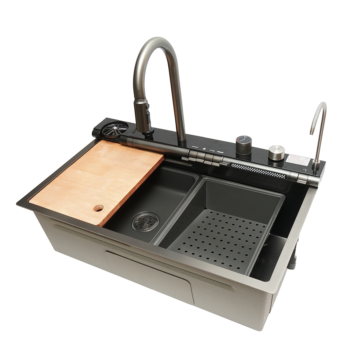 Chiuveta bucatarie multifunctionala din otel inoxidabil cu doua baterii, afisaj digital temperatura, doua cascade, spalator pahare, scurgator, tava, tocator si accesorii incluse, dimensiune 75x46x22cm - imagine 4