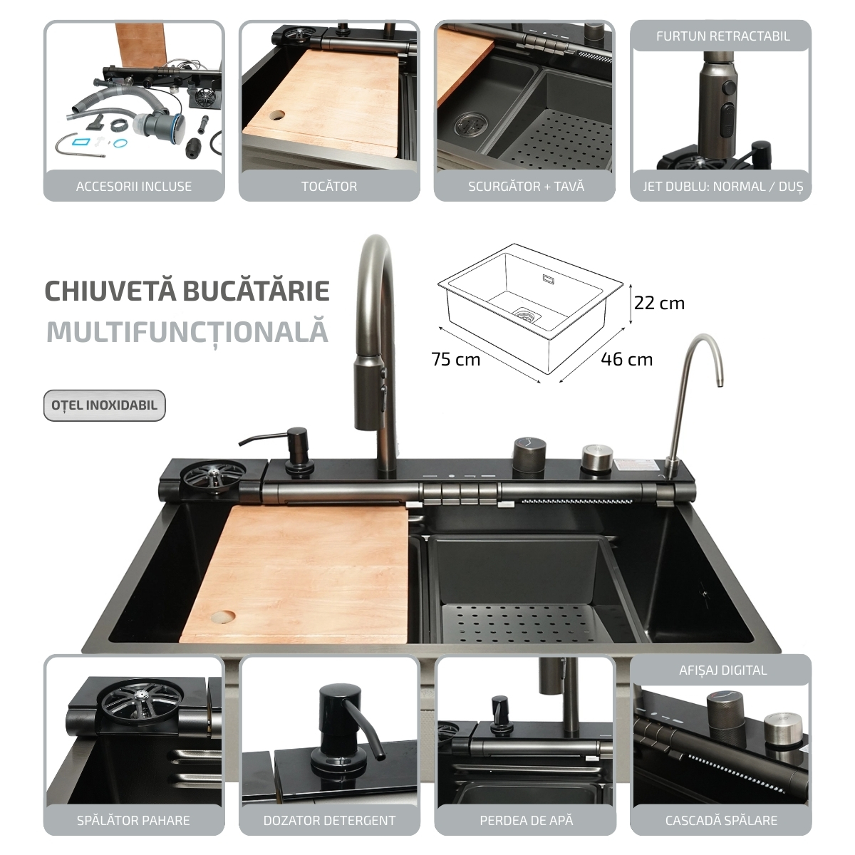 Chiuveta bucatarie multifunctionala din otel inoxidabil cu doua baterii, afisaj digital temperatura, doua cascade, spalator pahare, scurgator, tava, tocator si accesorii incluse, dimensiune 75x46x22cm - imagine 2
