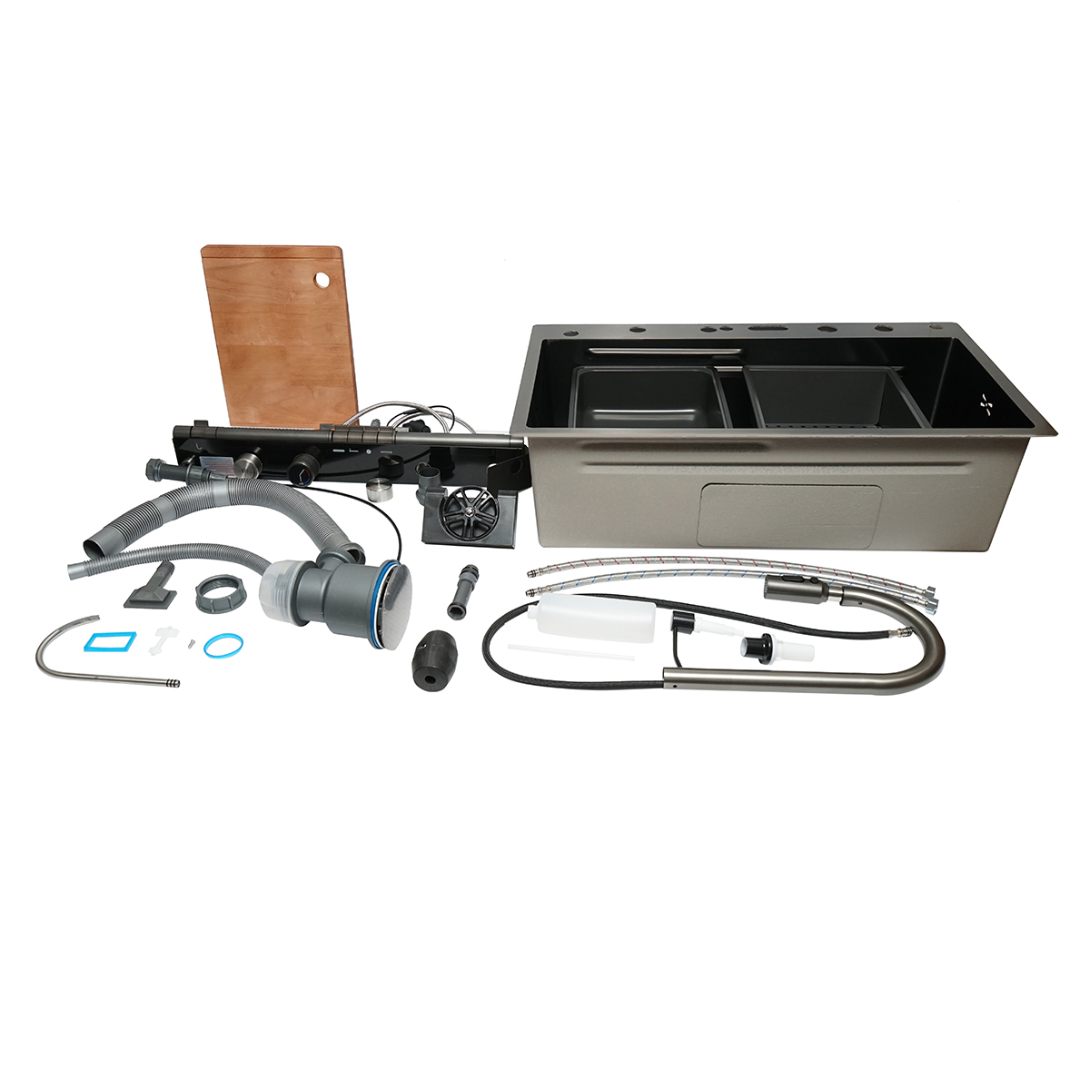 Chiuveta bucatarie multifunctionala din otel inoxidabil cu doua baterii, afisaj digital temperatura, doua cascade, spalator pahare, scurgator, tava, tocator si accesorii incluse, dimensiune 75x46x22cm - imagine 3